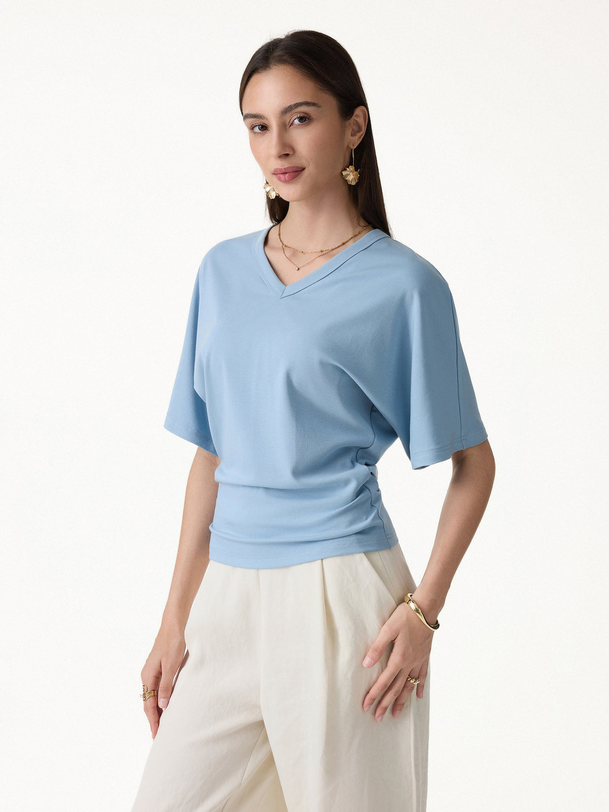 Viscose Cotton V Neck Waist Defining Summer Tee
