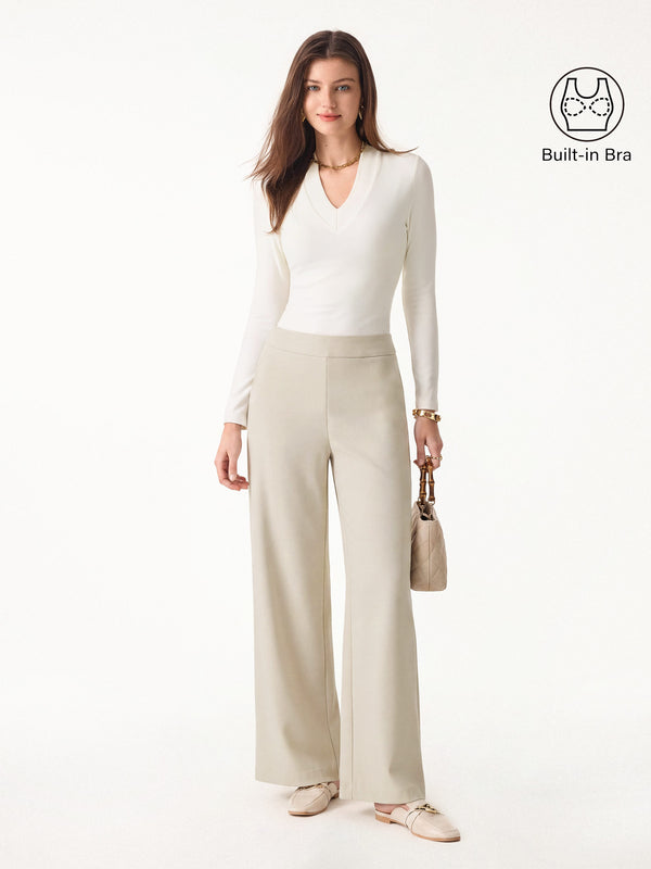 OGLmove 2Pcs Set V-neck Slimming Brami Top & Mid Rise Straight Pant with Pockets Off White/Morning Mist XXS