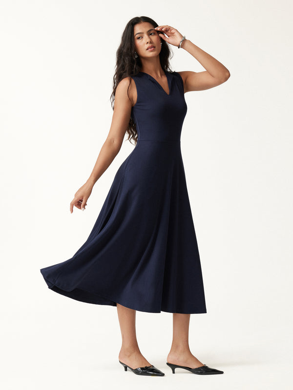 OGLmove Ribbed Collared V-Neck Sleeveless A-Line Midi Bra Dress with Pockets