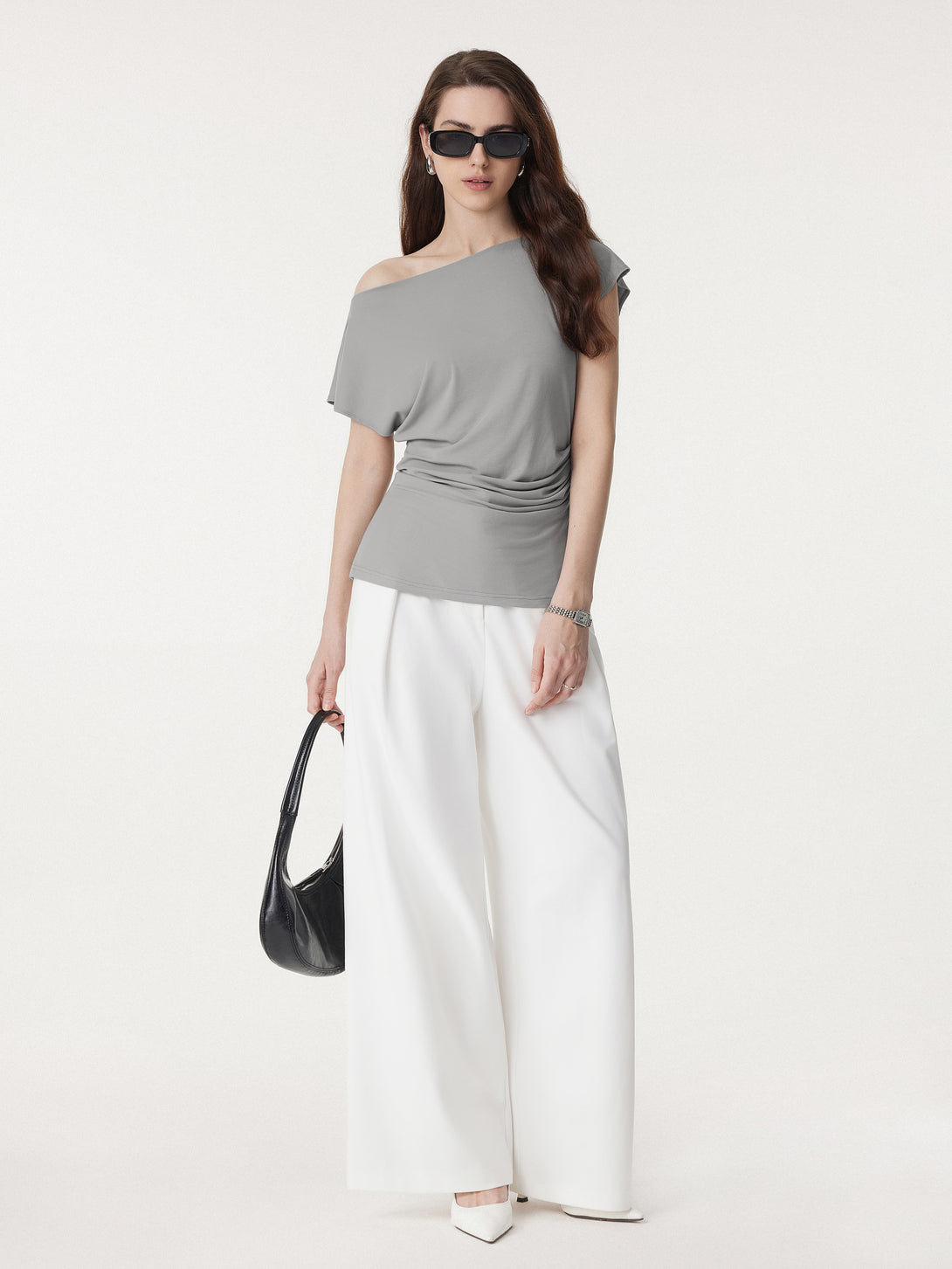 2Pcs Set Boatneck Flutter Sleeve Long Tee & Non-sheer Mid Rise Trouser with Pockets White/Evening Grey XS