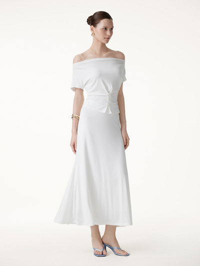 OGLmove 2PCs Set CoolTouch Cap Sleeve Top&Flowy Maxi Flared Skirt White XS