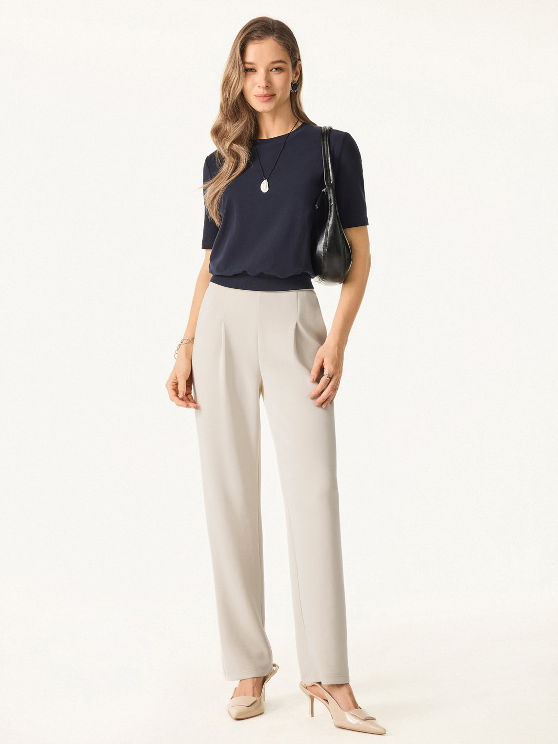 Sandwashed Spacer Mid Rise Straight Leg Pull-on Trousers with Pockets