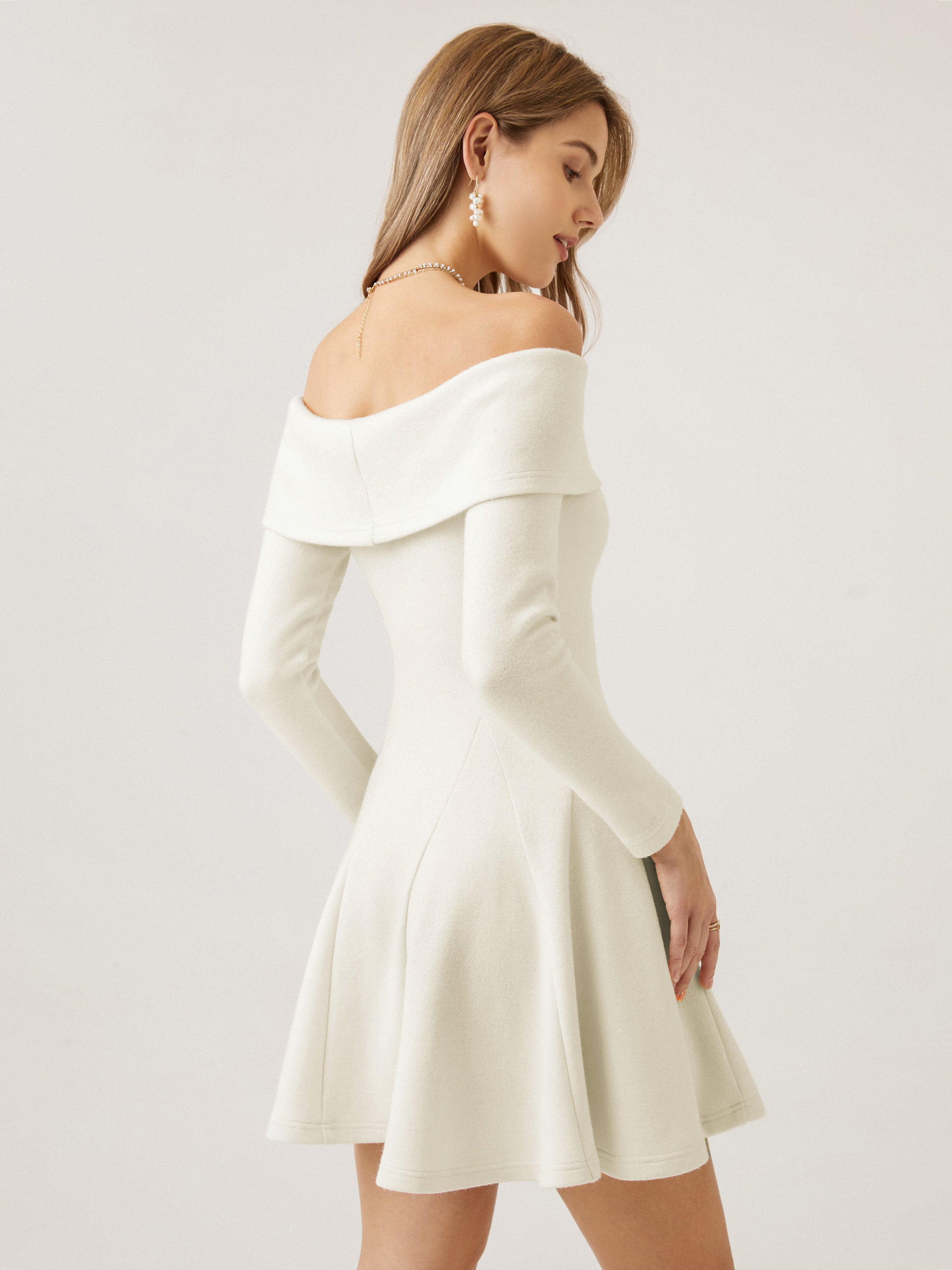 Cashsoft Long-Sleeve Off-The-Shoulder Brami Flounce Dress - Off White