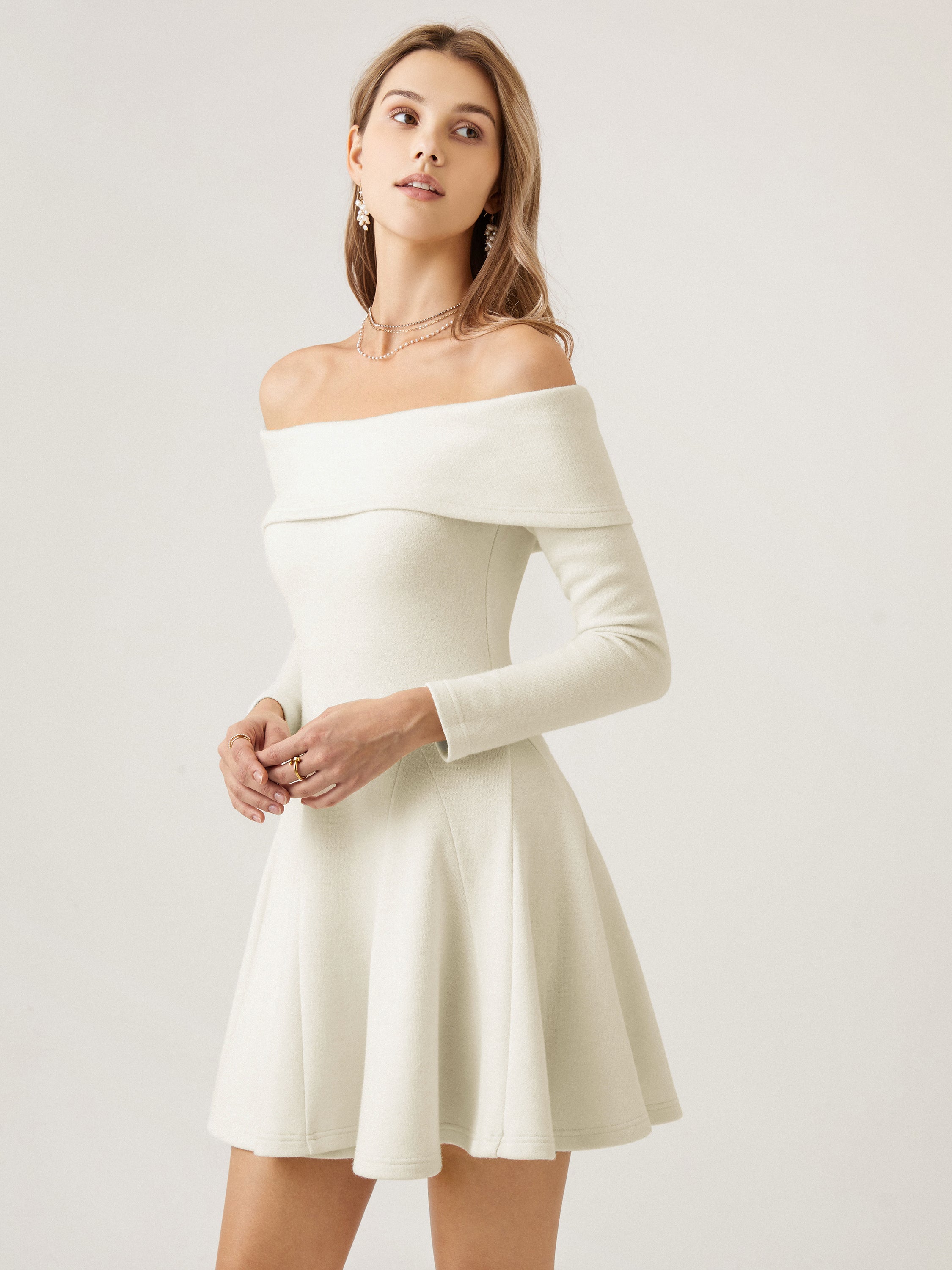 Cashsoft Long-Sleeve Off-The-Shoulder Brami Flounce Dress - Off White