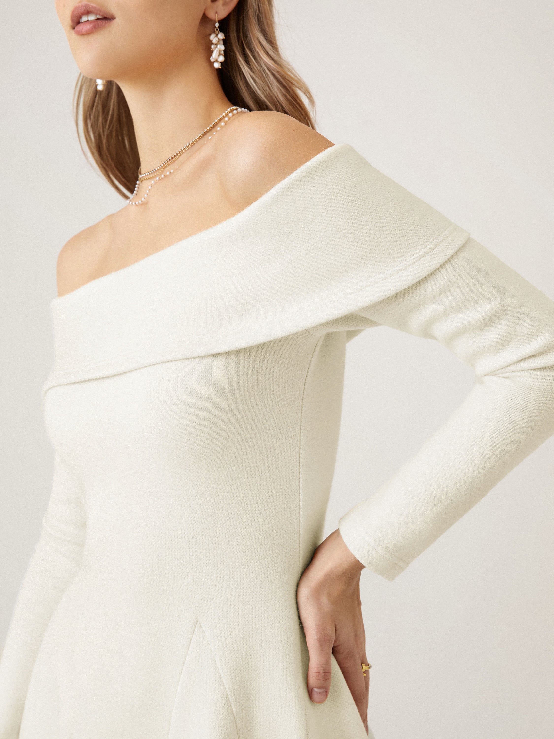 Cashsoft Long-Sleeve Off-The-Shoulder Brami Flounce Dress - Off White