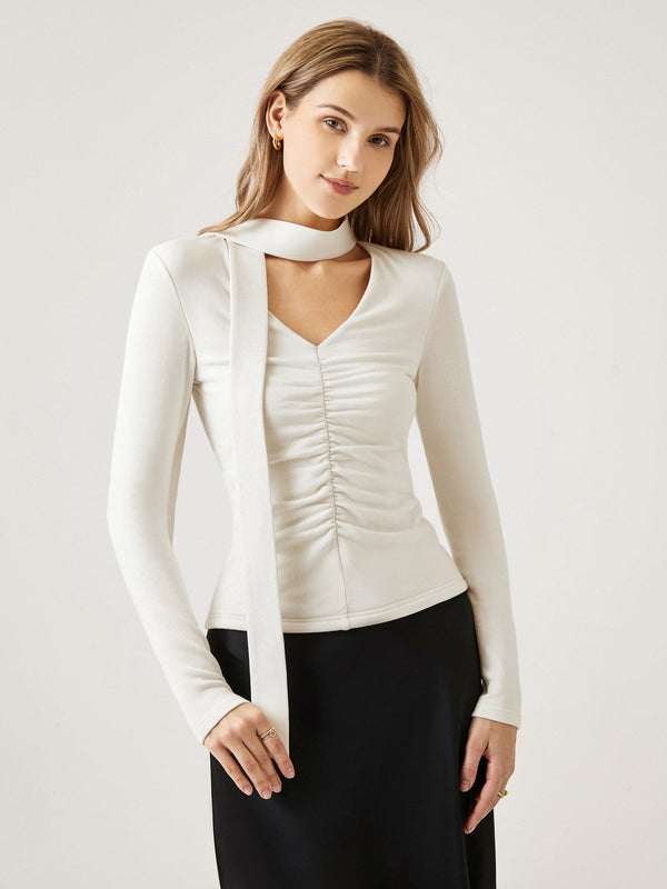 Eco-Mousse® V-Neck Ruched Top with Narrow Scarf