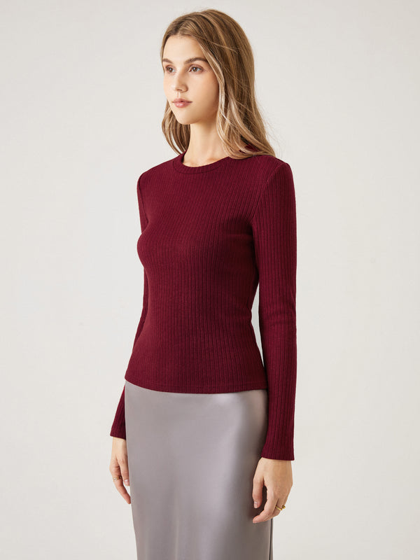 Cashmere-Like Wide Rib Crew Neck Slim Top