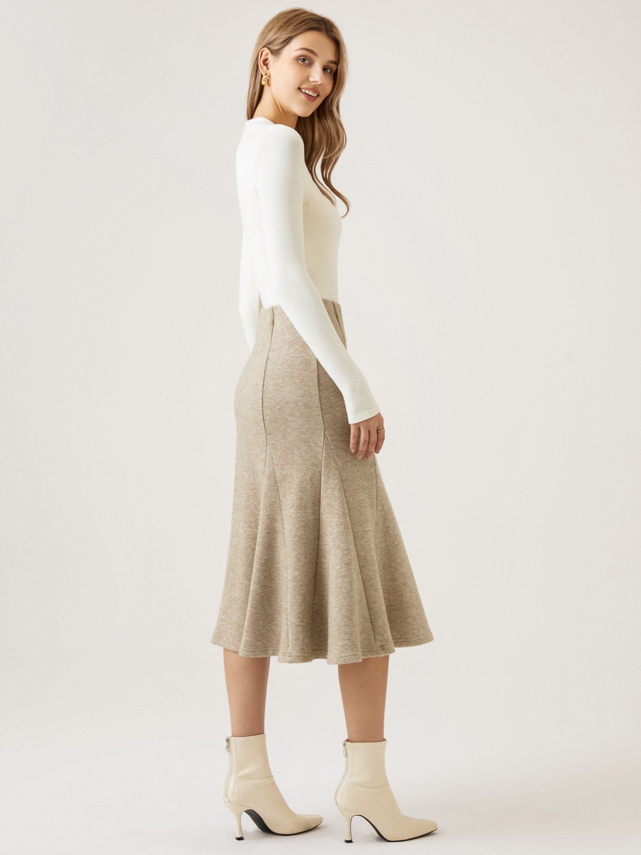 Cashsoft Pull-On Flounce Midi Skirt - Heather Cocoa