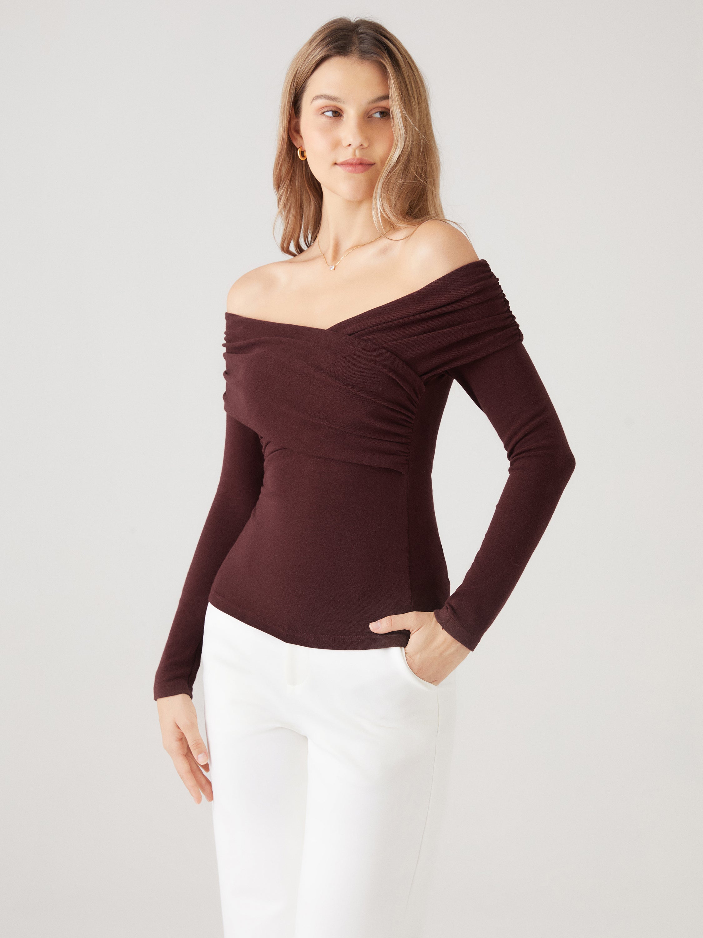 Surplice Cold Shoulder Brami Top - Mocha