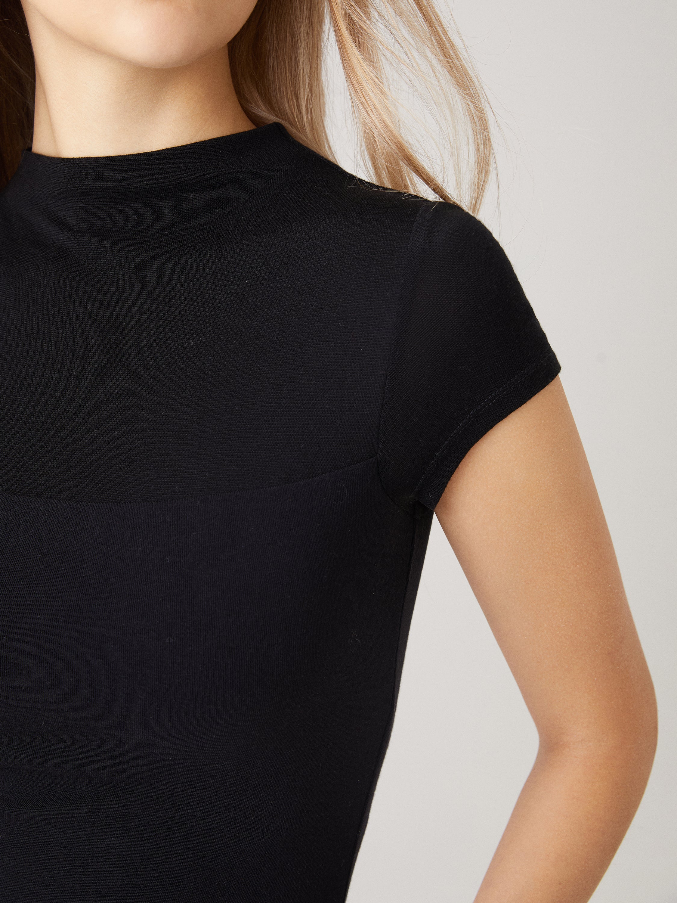 Tencel Wool Semi-Sheer Mockneck Cap Sleeve Brami Top - Black