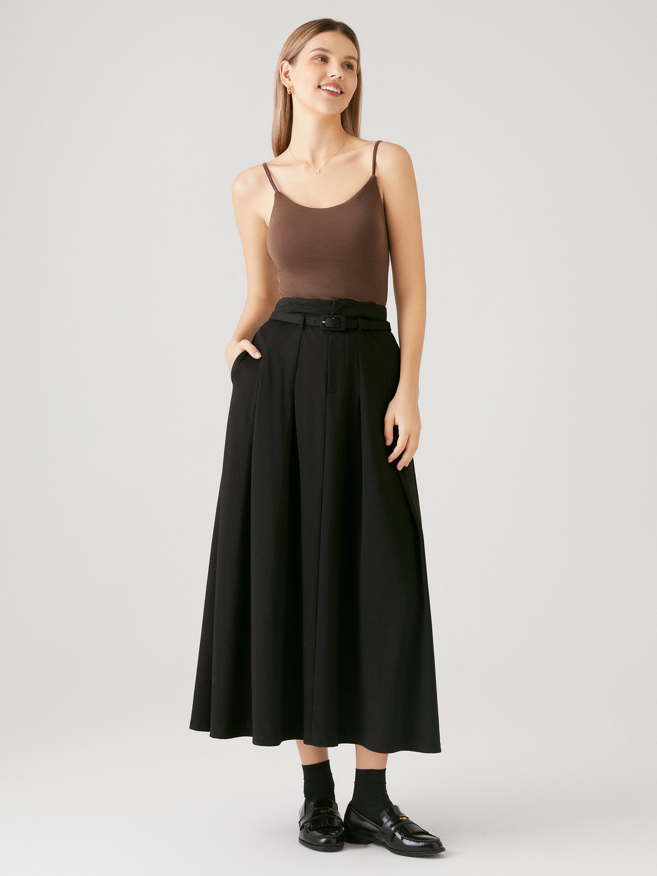 Pin-Tuck Midi Skirt with Belt - Black