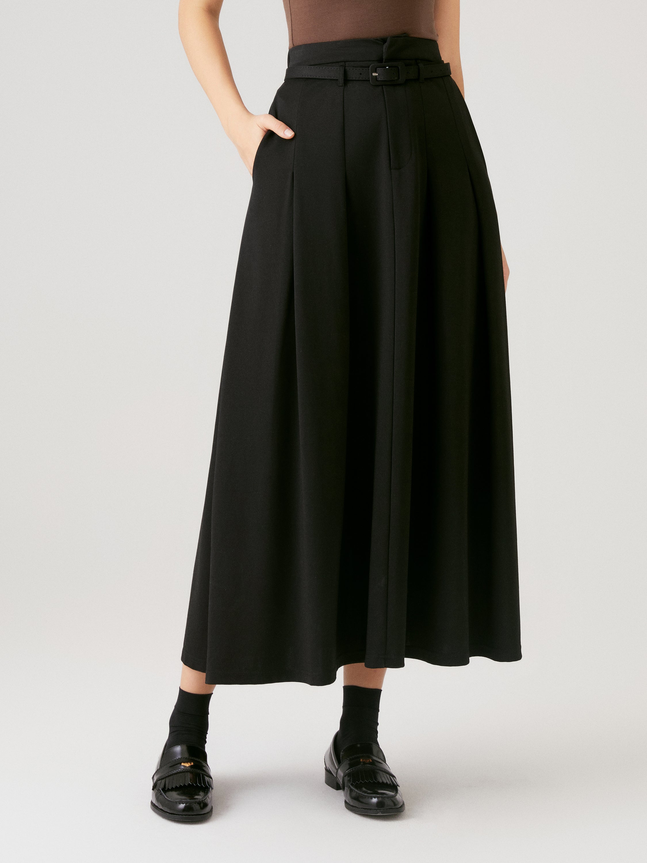 Pin-Tuck Midi Skirt with Belt - Black