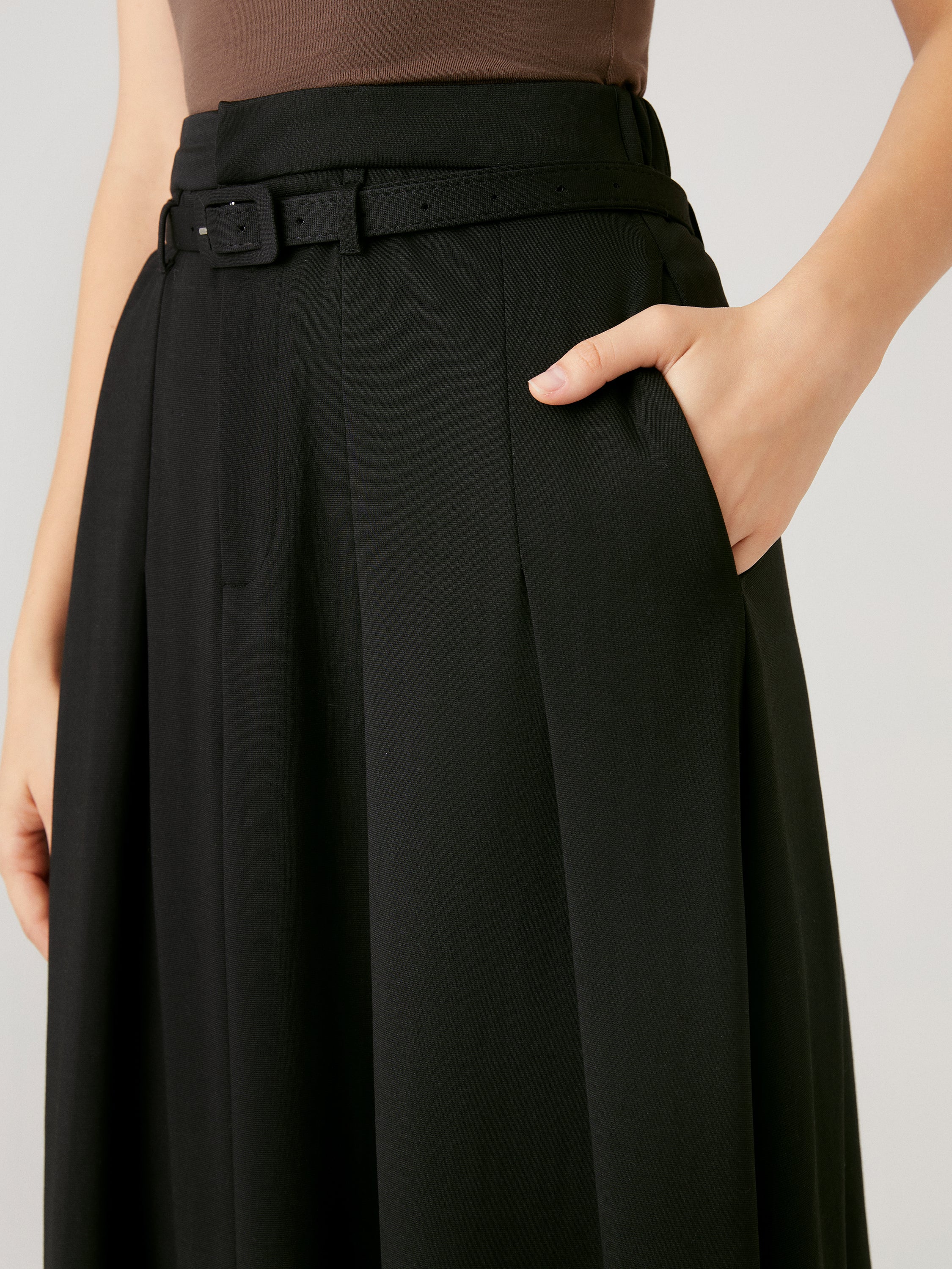 Pin-Tuck Midi Skirt with Belt - Beige