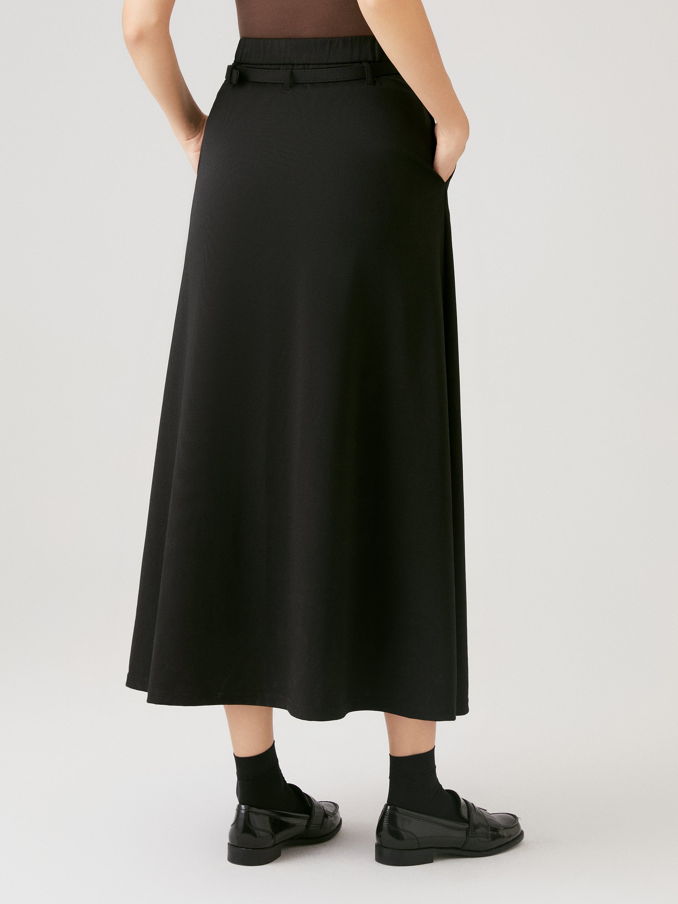 Pin-Tuck Midi Skirt with Belt - Black