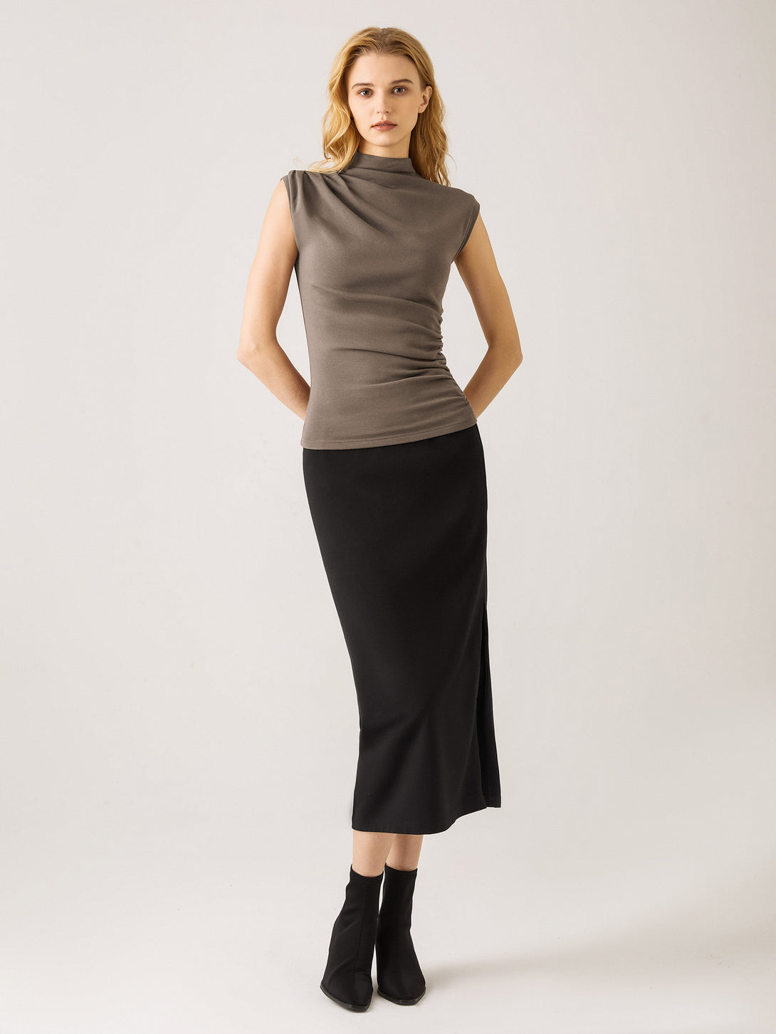 Asymmetrical Ruching Mockneck Tank Top