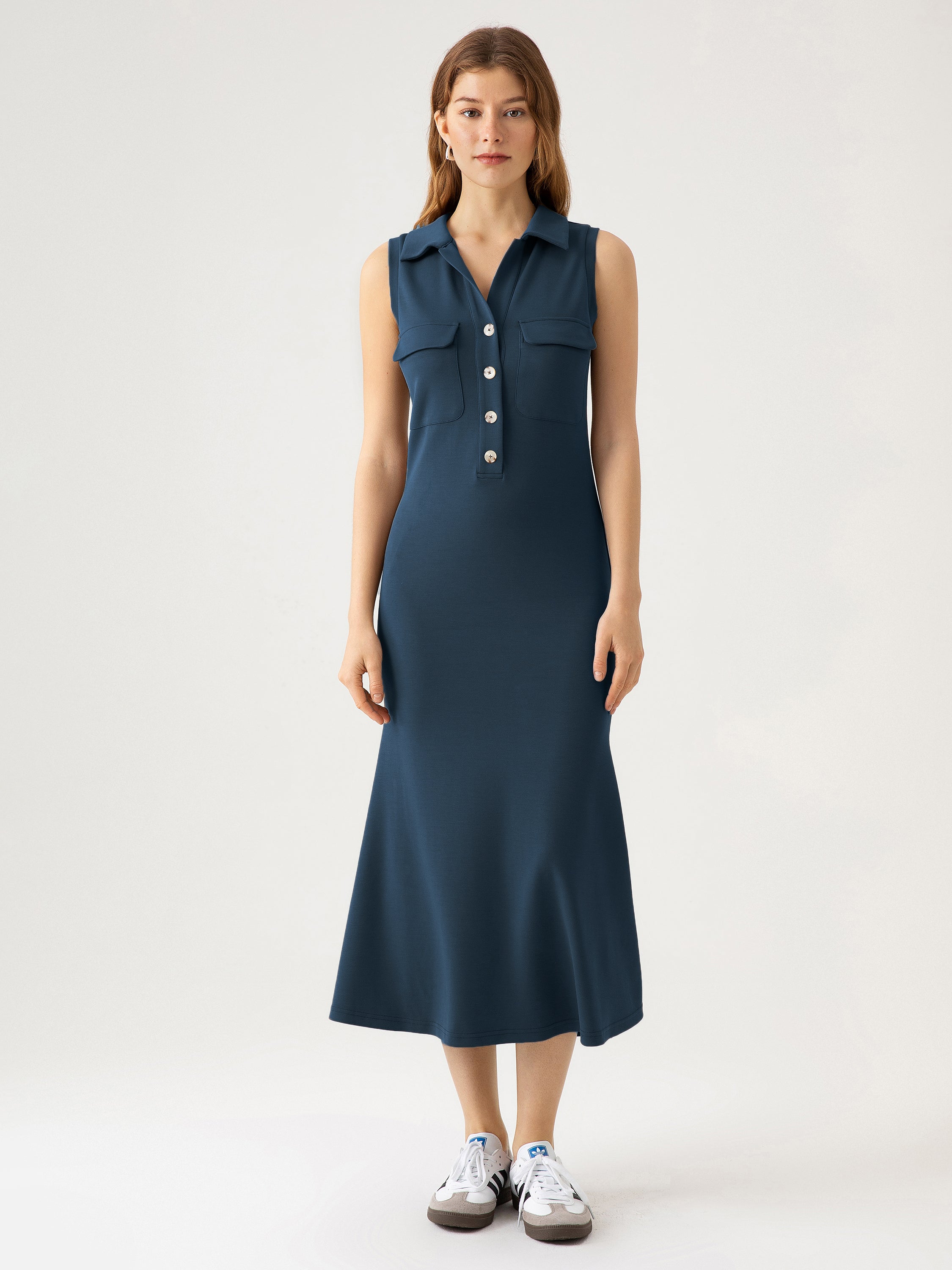 ButterCream Flap Pocket Sleeveless Polo Midi Dress - Ink Blue