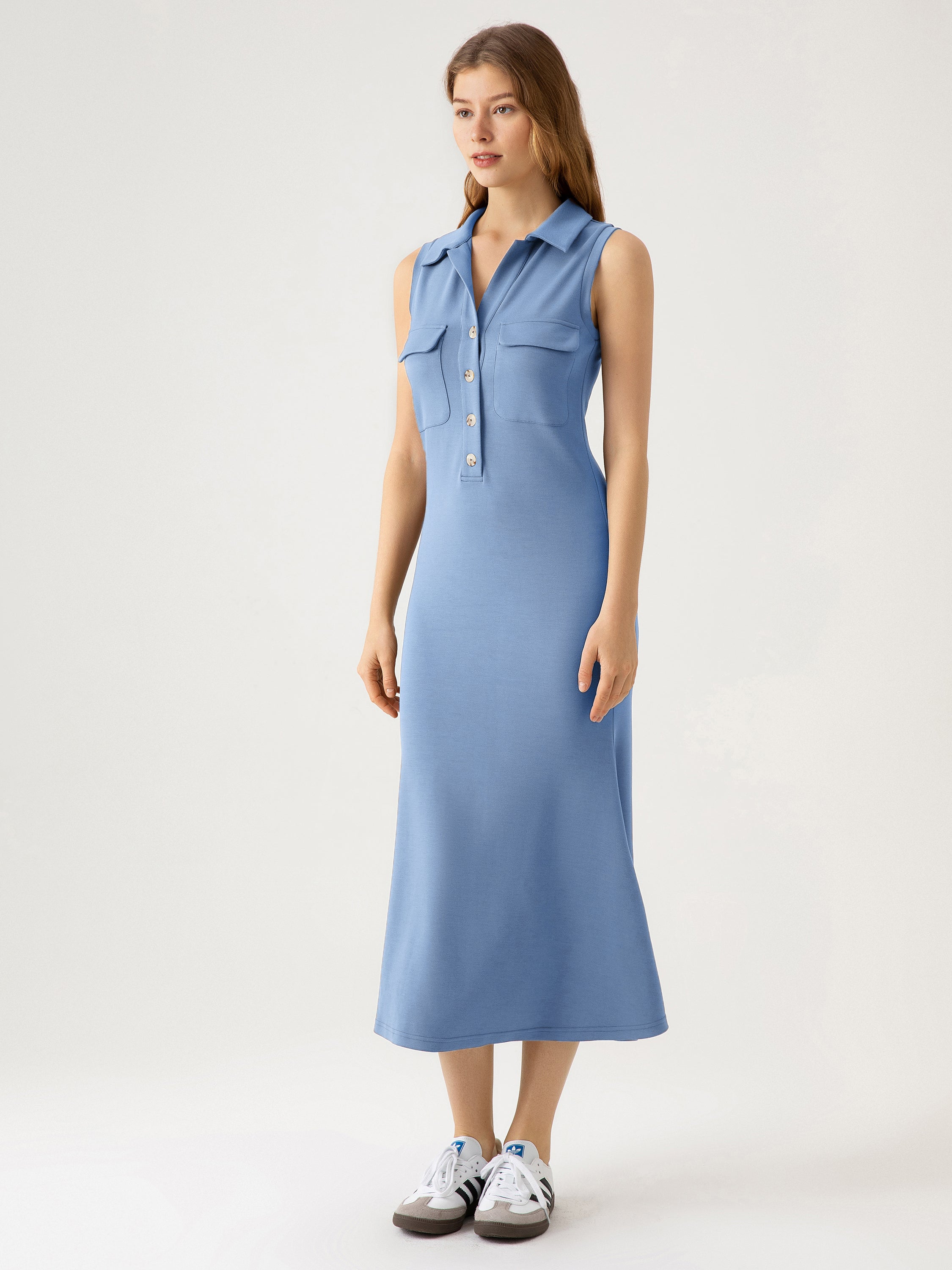 ButterCream Flap Pocket Sleeveless Polo Midi Dress - Ink Blue