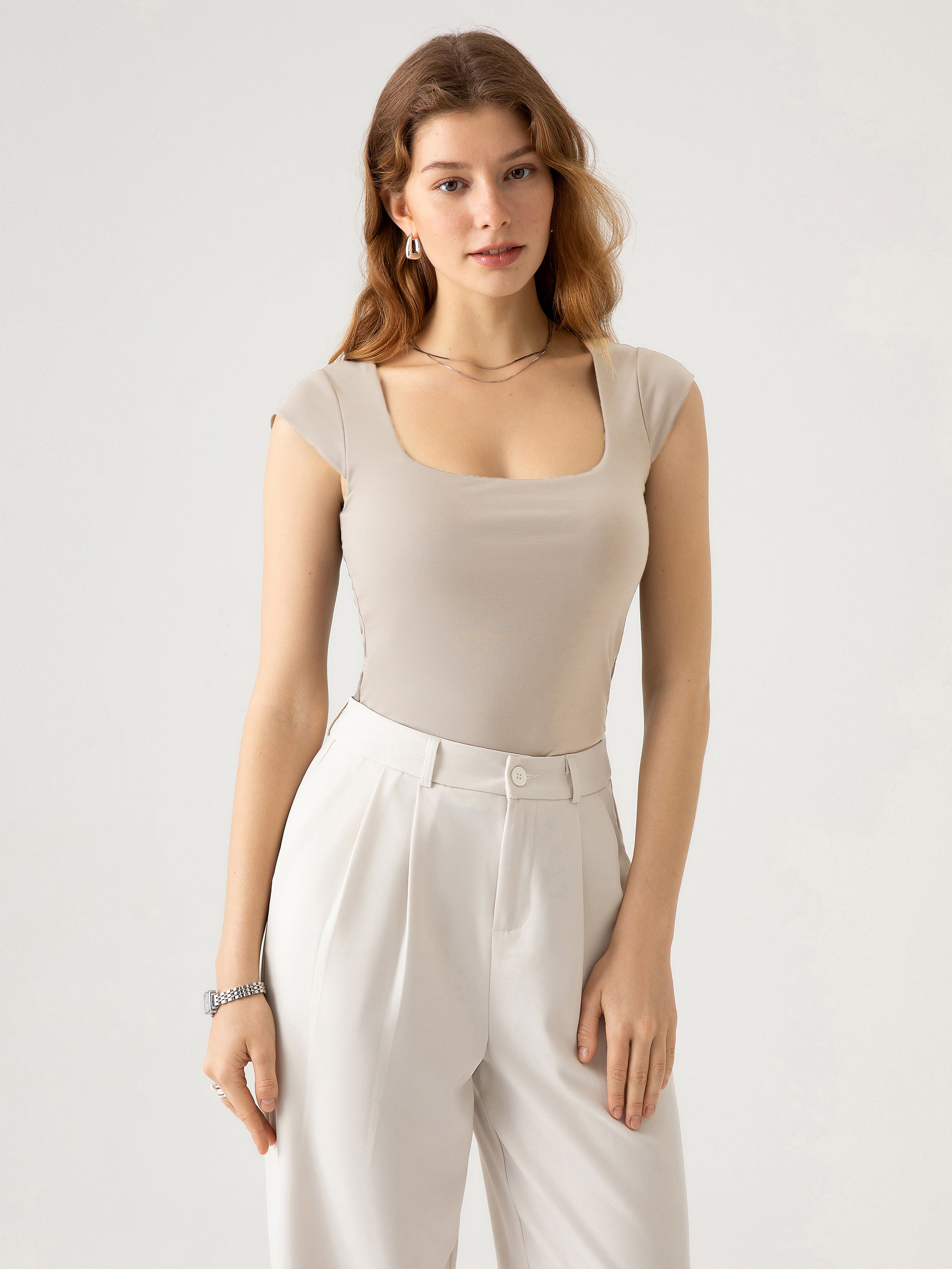 Cap Sleeve Square Neck Brami Top - Ash Ivory