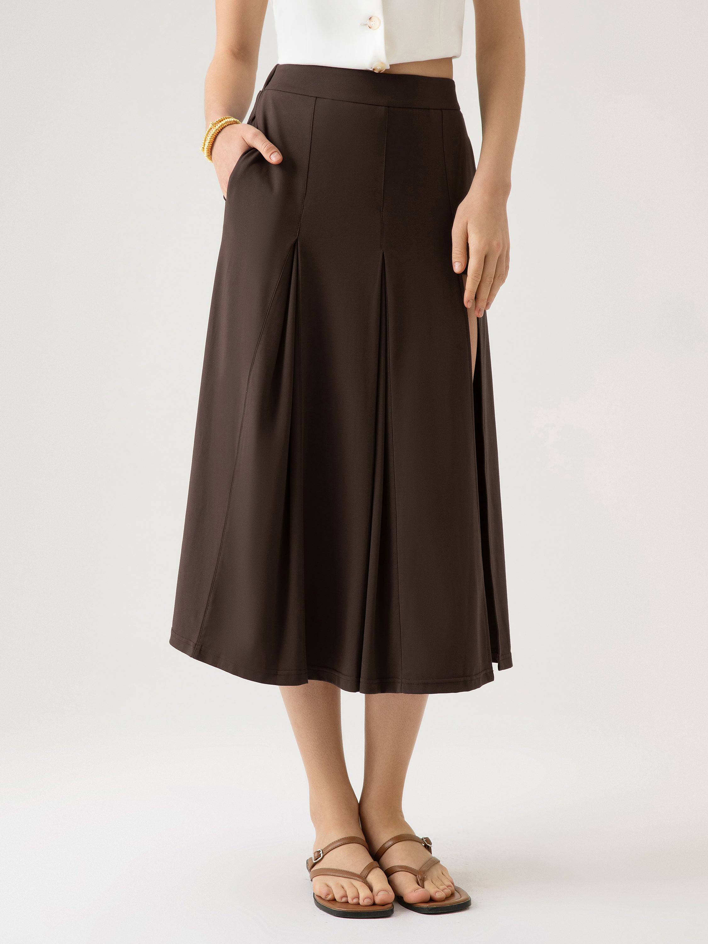 Pleated Slit Midi Skirt with Lined Shorts - Dark Cocoa