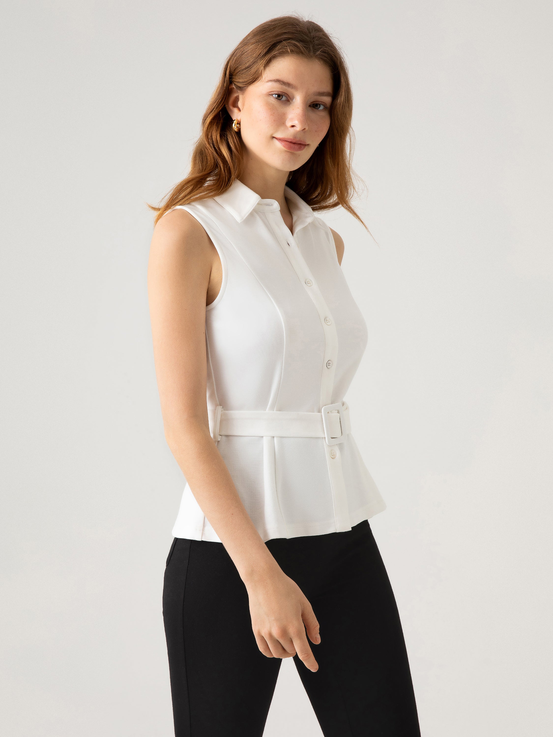 Belted Sleeveless Shirt - Black