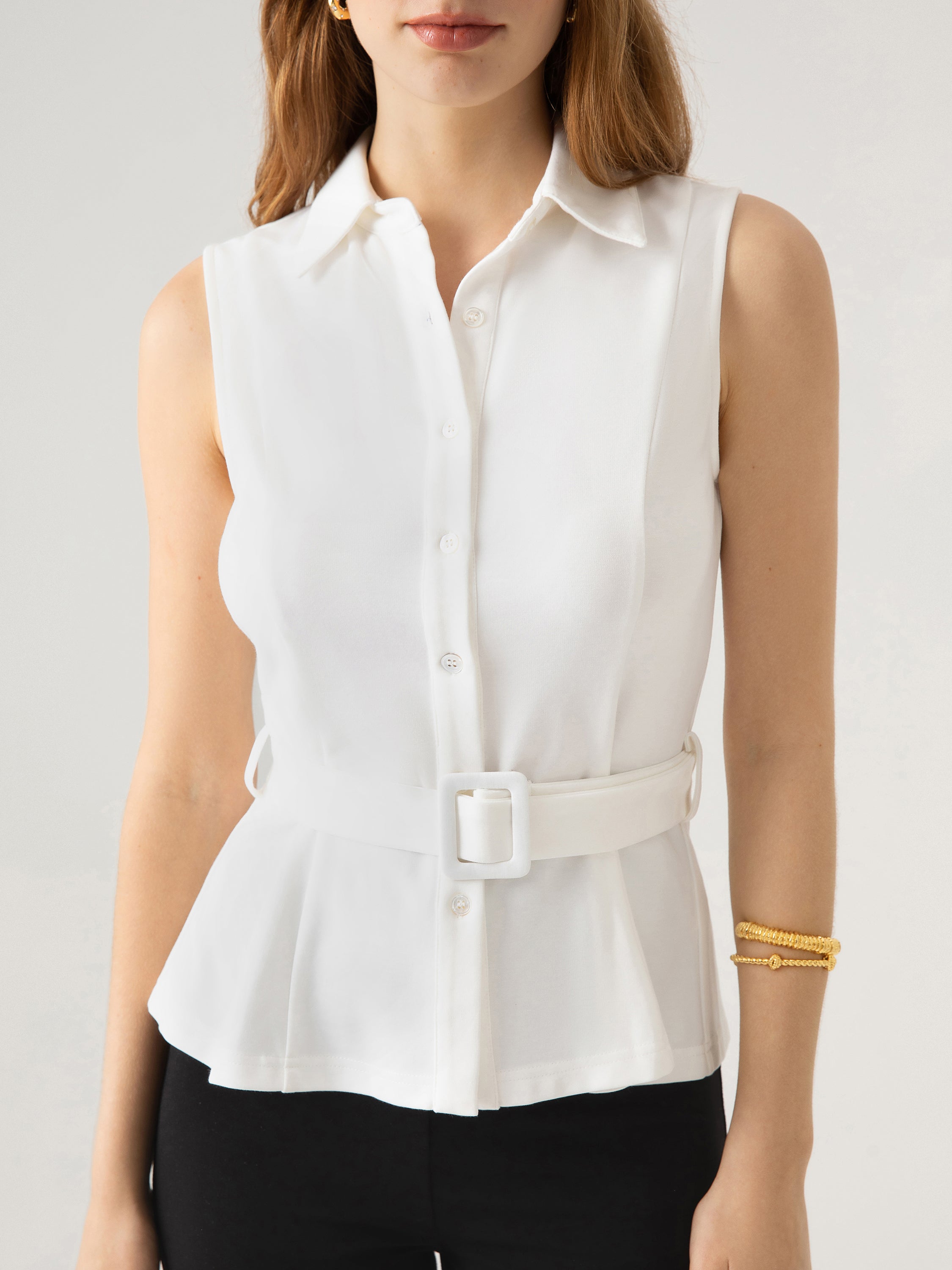 Belted Sleeveless Shirt - White