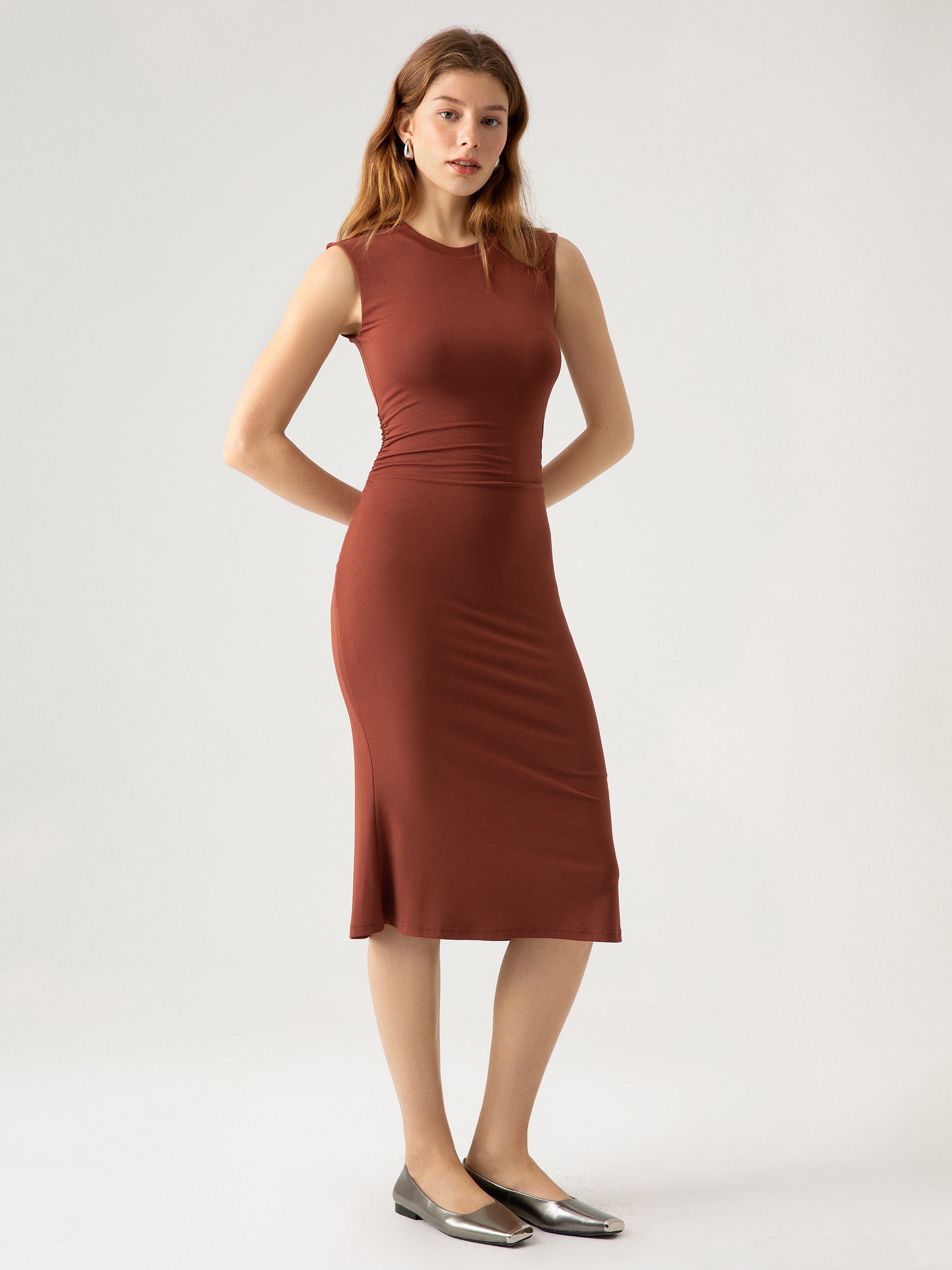 Ogl Eco-SkinKiss® Ruched Side Wide Shoulder Crew Midi Dress