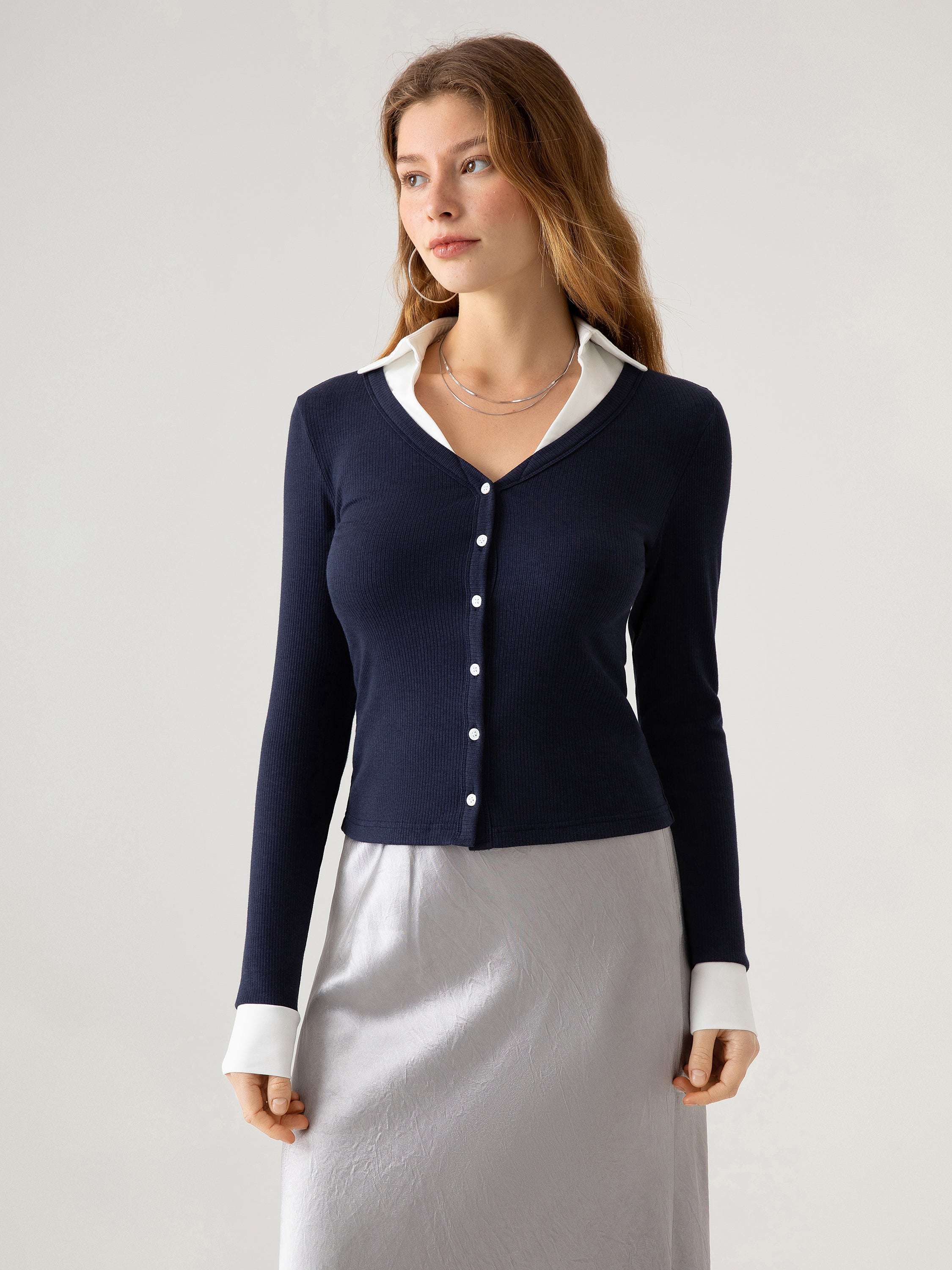 Contrast Button-Down Top - Navy