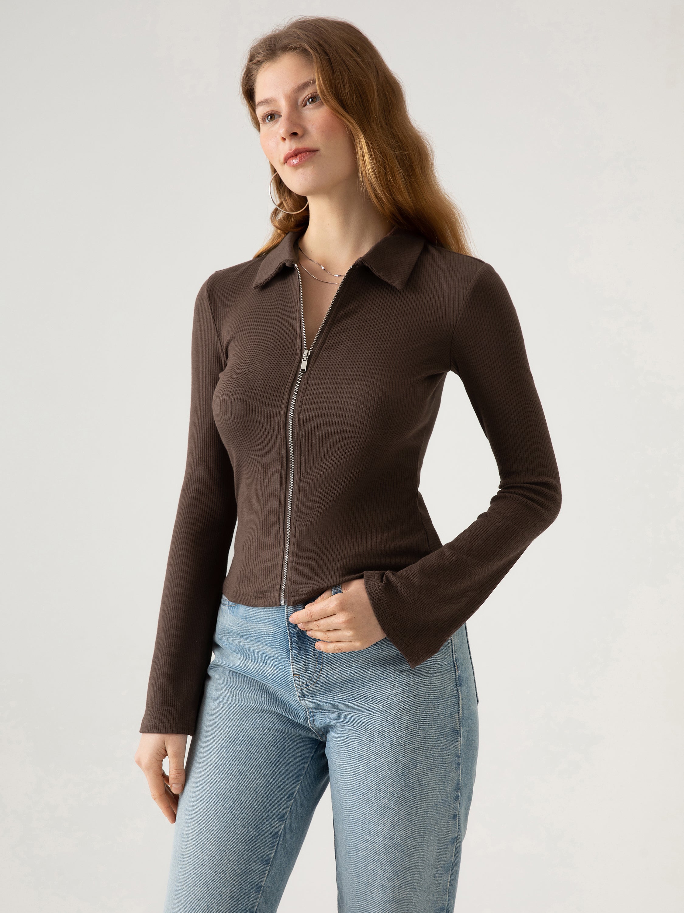 Ogl Plantive™ Zip Front Flare Sleeve Top