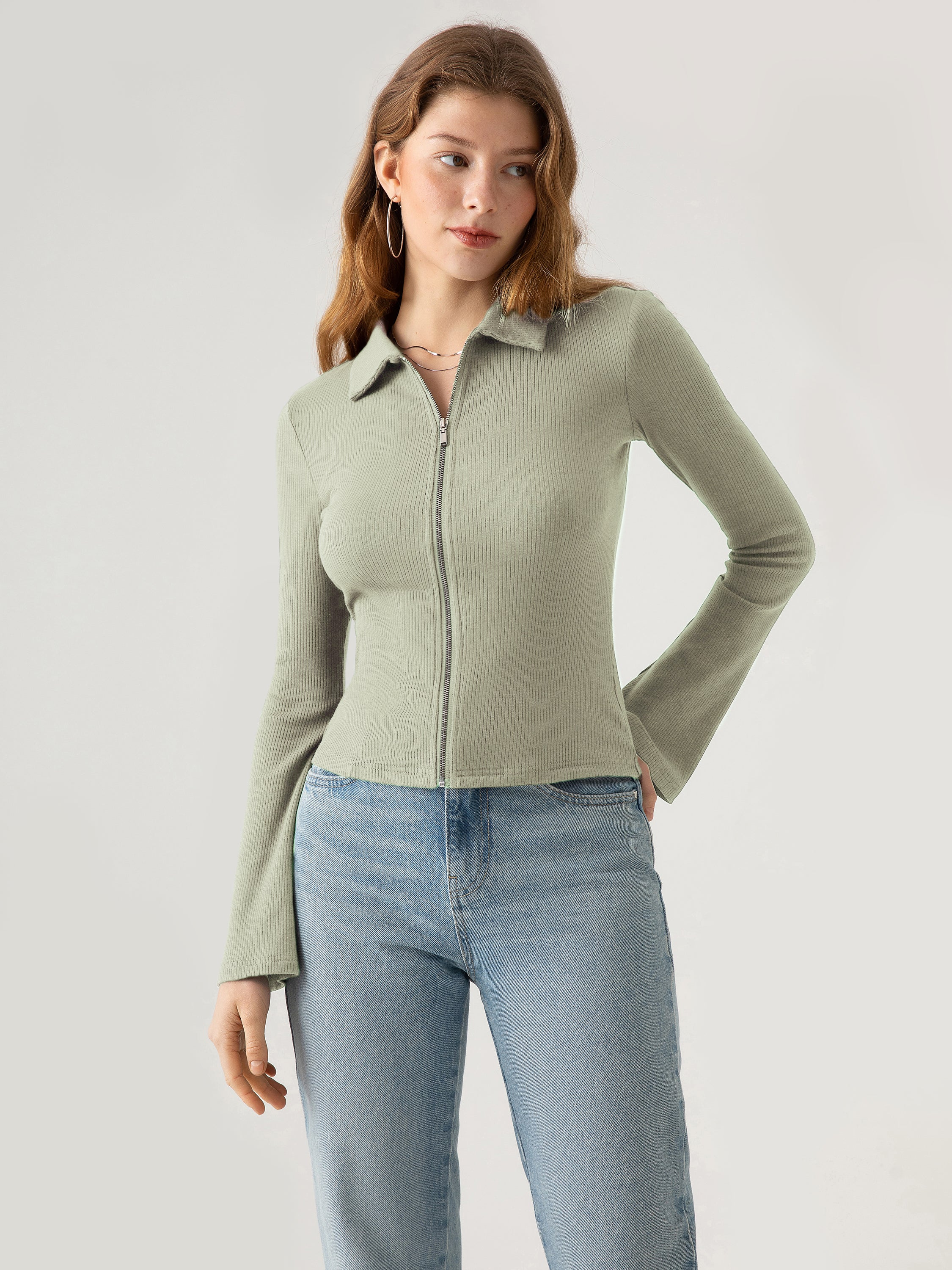 Ogl Plantive™ Zip Front Flare Sleeve Top