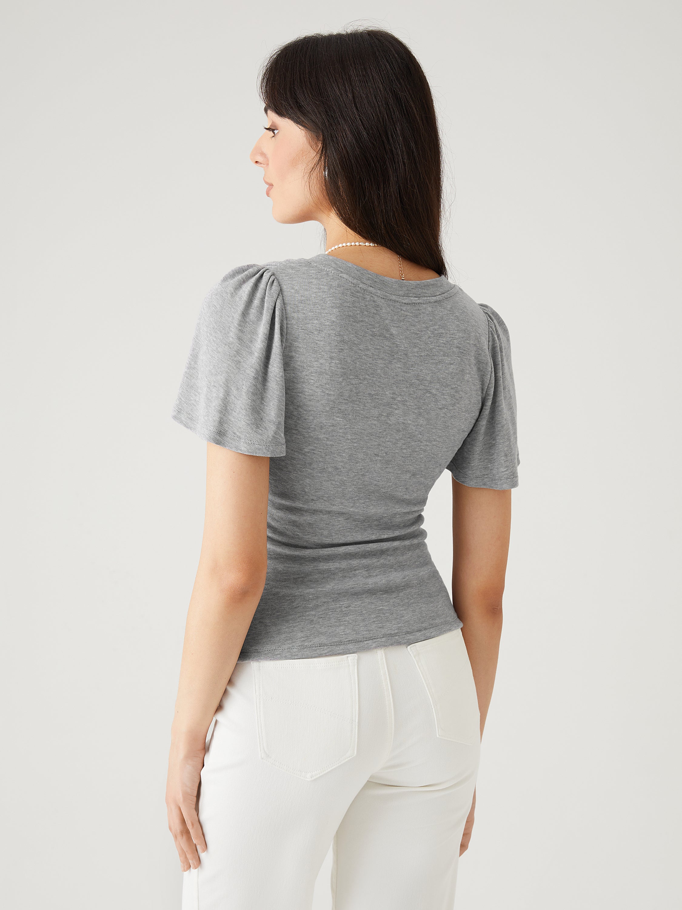 Tencel Wool V-Neck Ruffle Sleeve Tee - Heather Grey