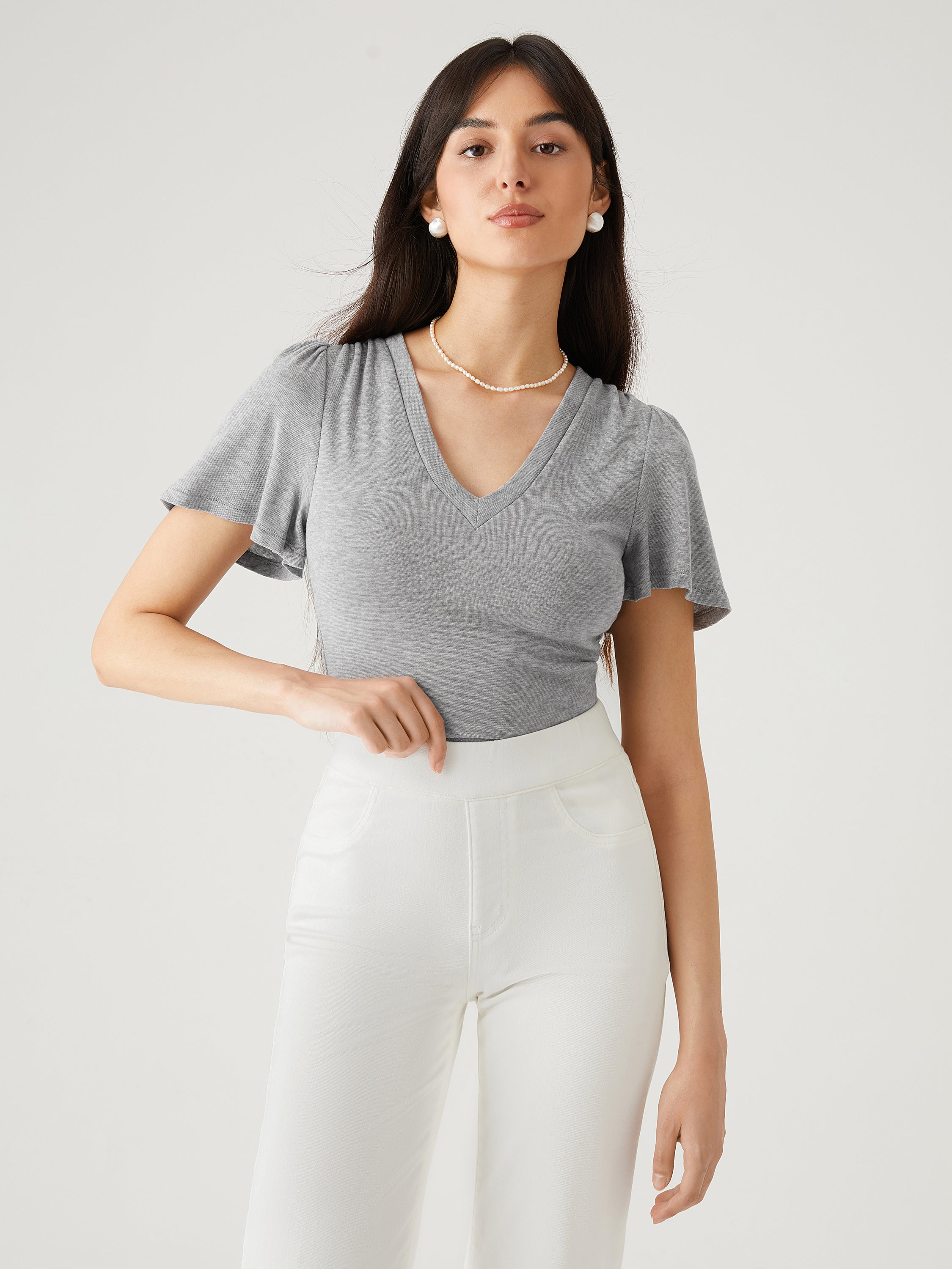 Tencel Wool V-Neck Ruffle Sleeve Tee - Heather Grey