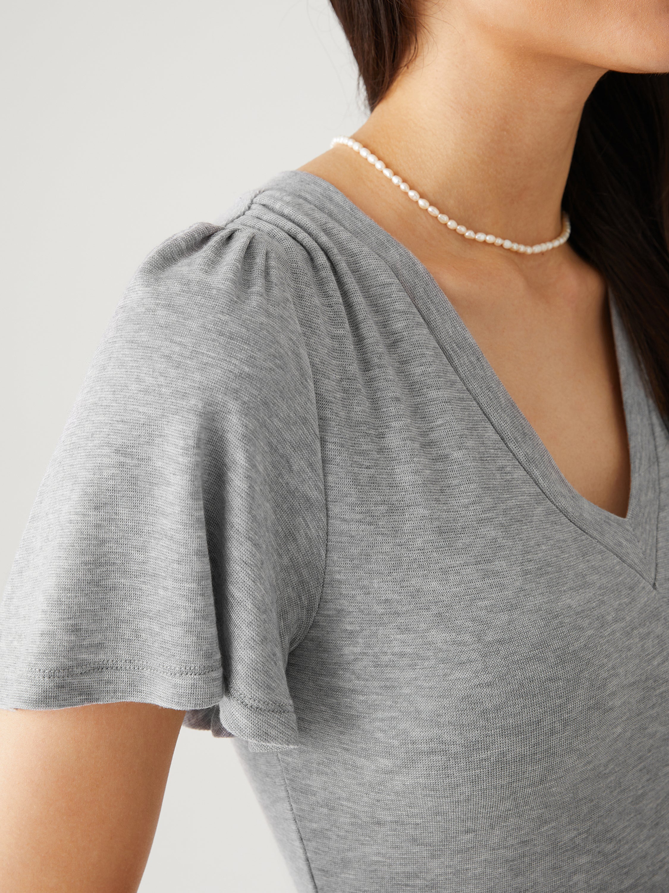 Tencel Wool V-Neck Ruffle Sleeve Tee - Heather Grey