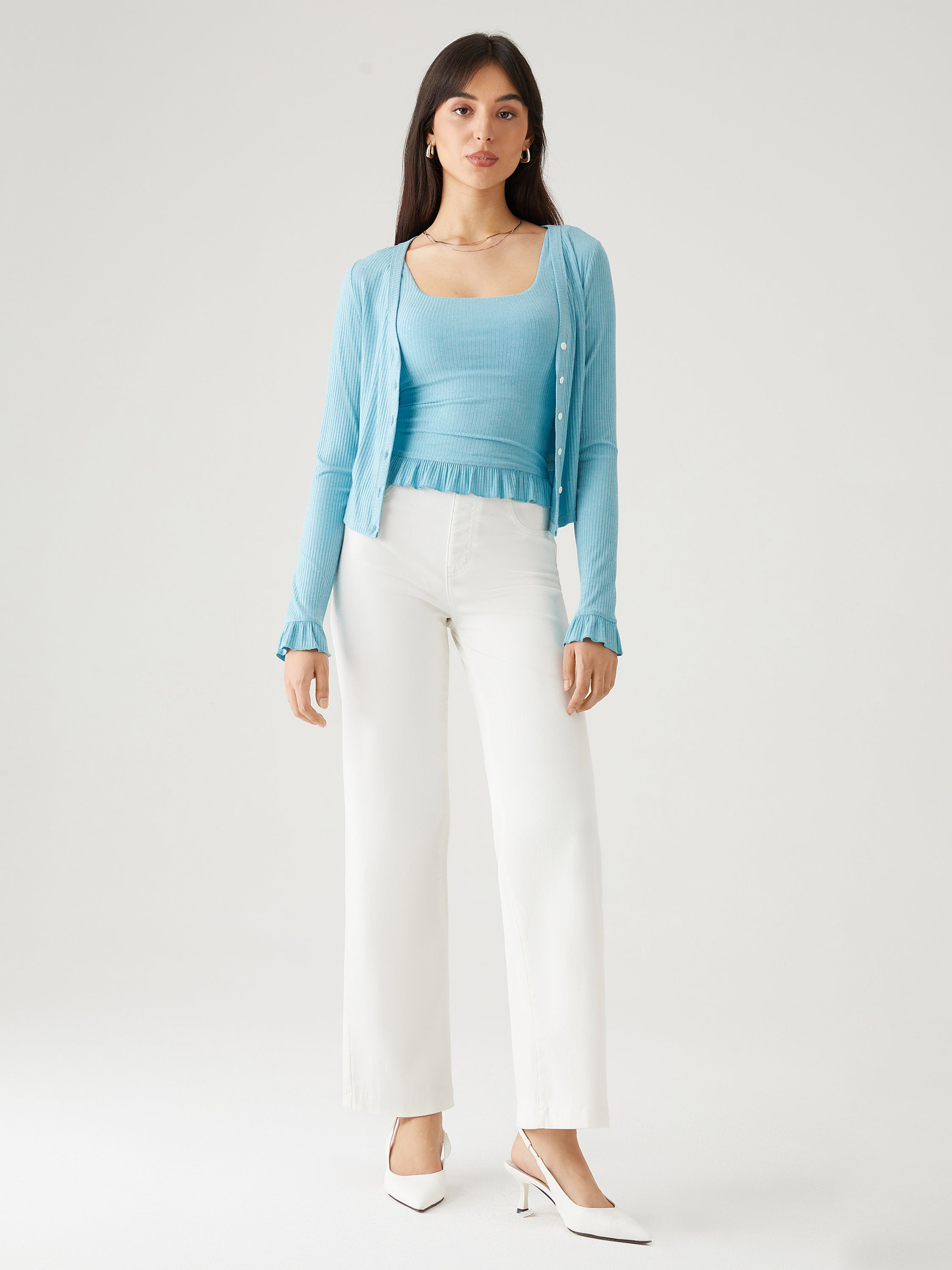 Cool Rib Ruffle Sleeve Button-Down Cardigan - Salt Blue