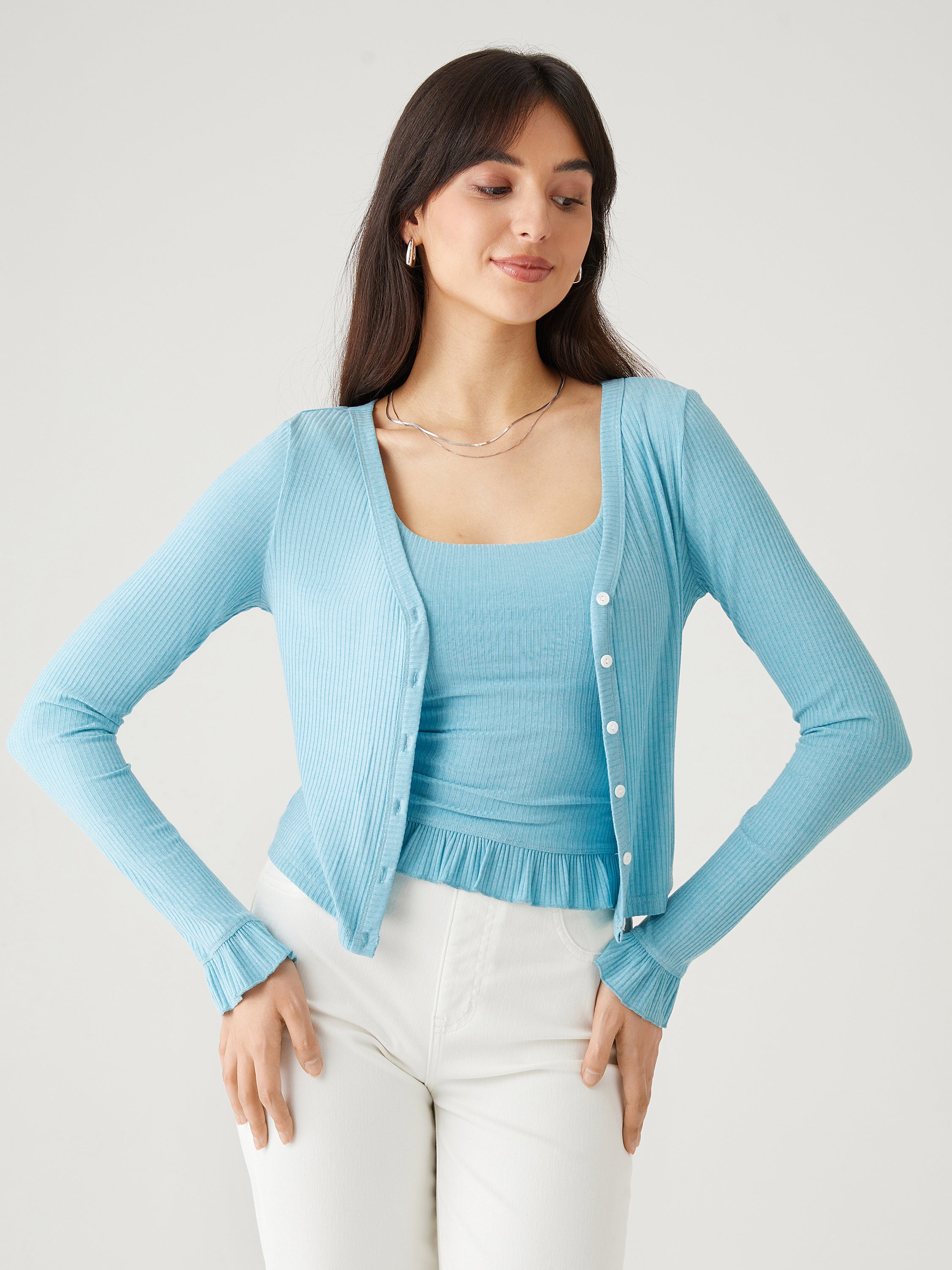 Cool Rib Ruffle Sleeve Button-Down Cardigan - Salt Blue