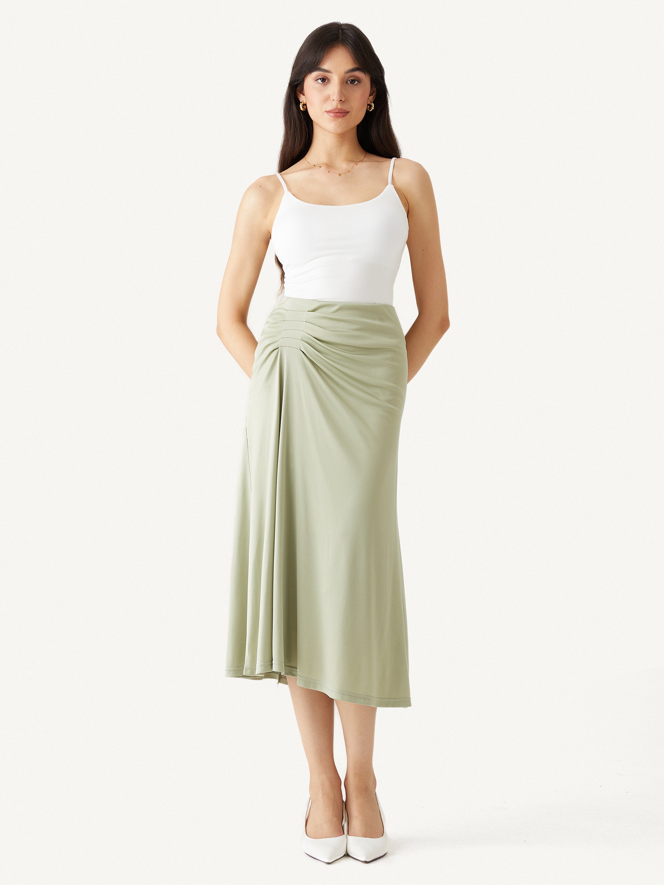 Acetate Tucks Midi Skirt - Powder Lilac