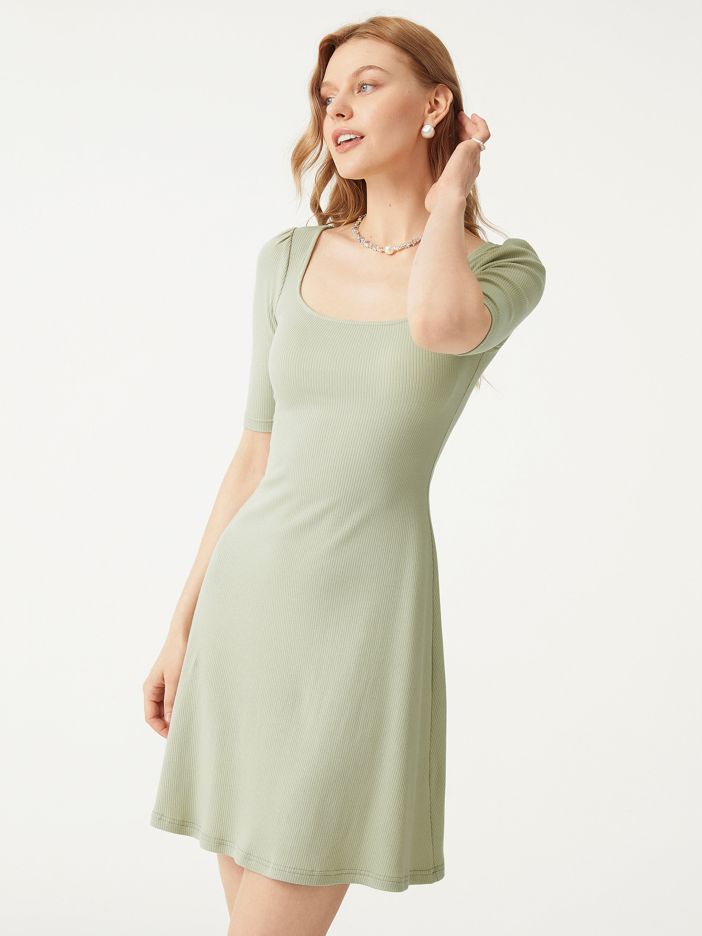 Ogl Plantive™ Puff Mid-Sleeve Sqaure Neck Dress