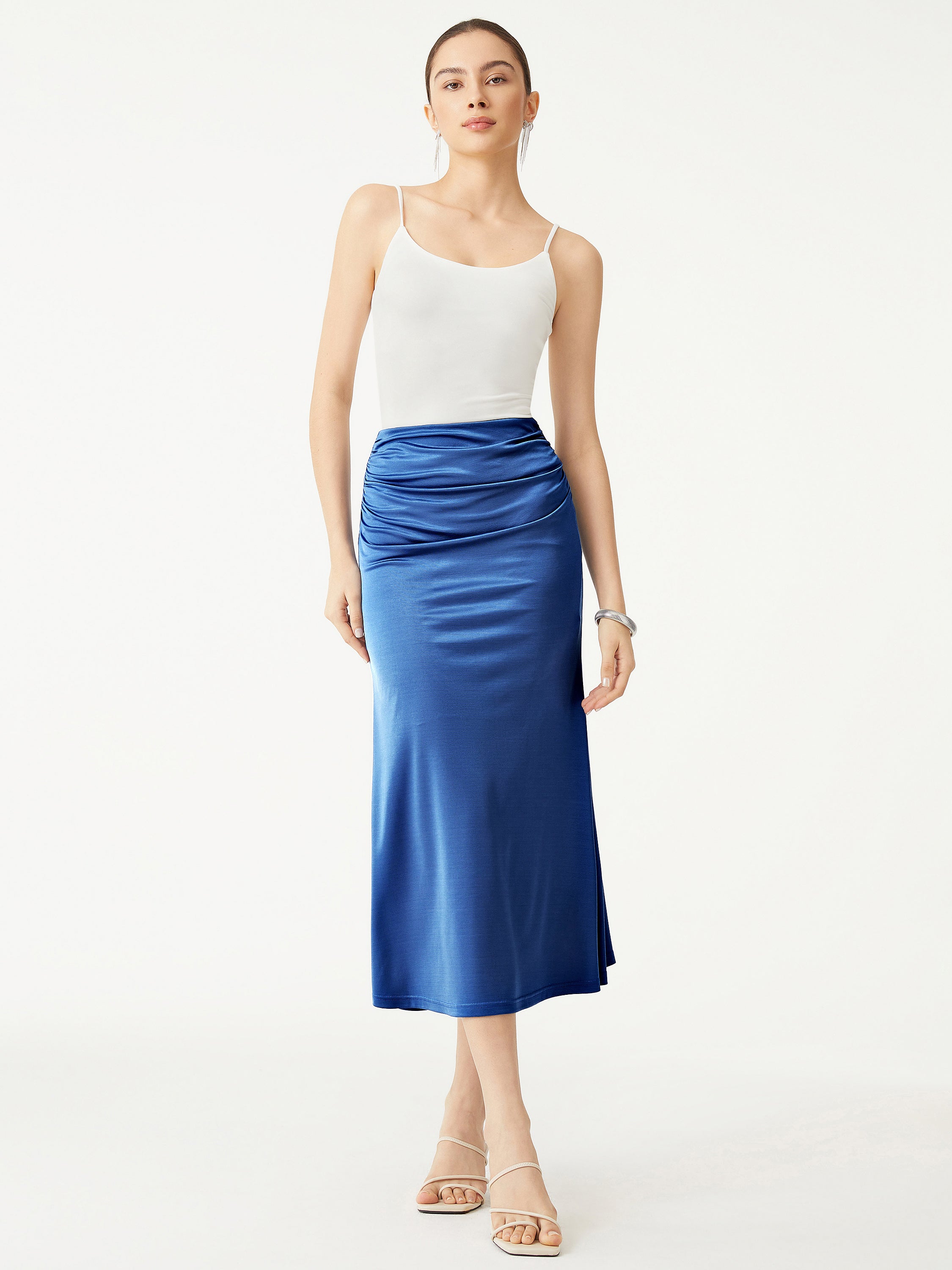 Silk-Like Acetate Ruched Side Mermaid Maxi Skirt - Navy