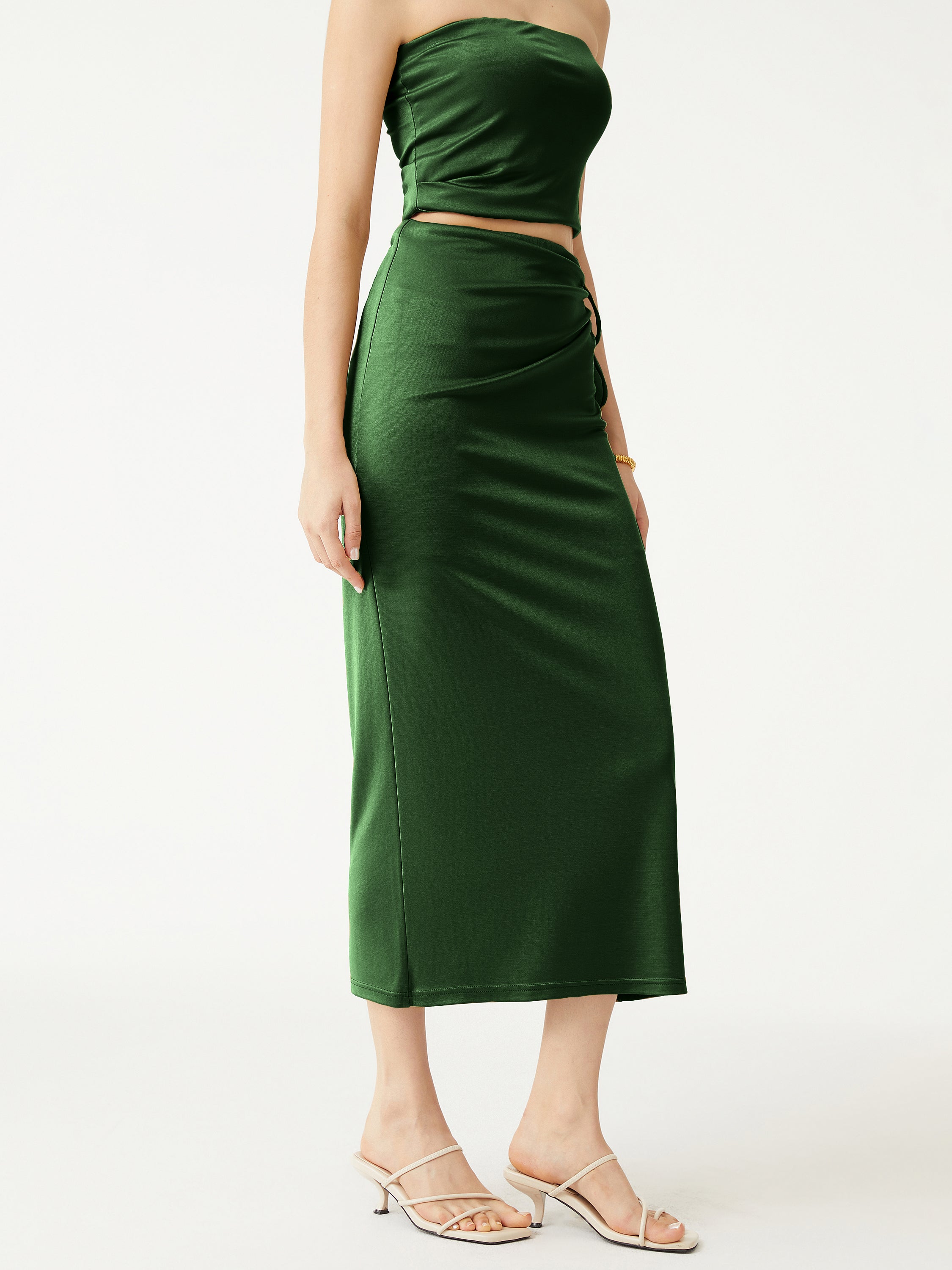 Silk-Like Acetate Irisa Midi Skirt - Moss Olive