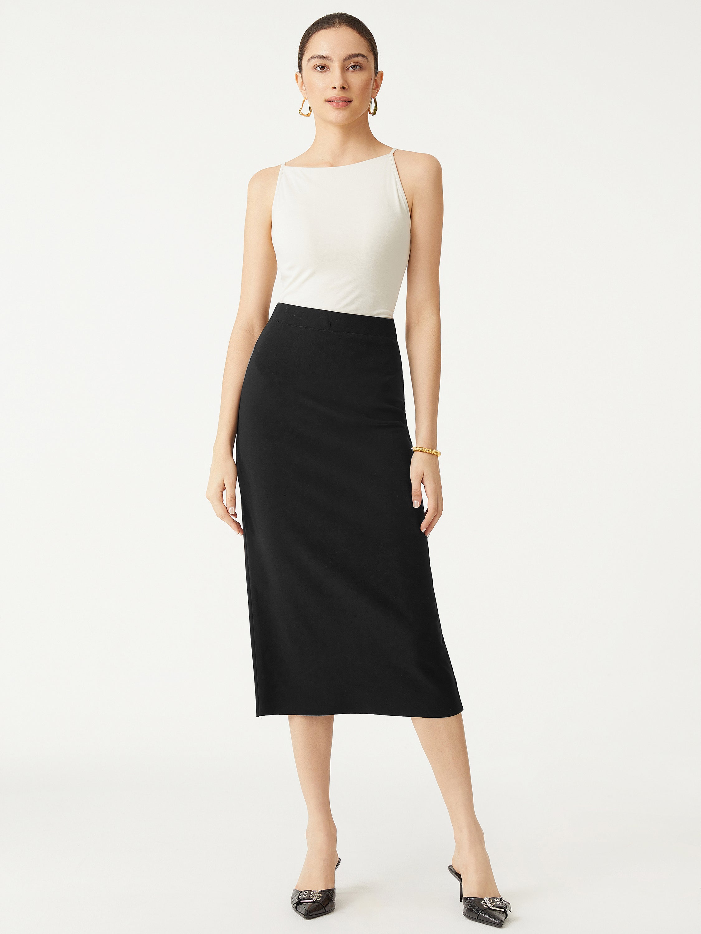 Pull-On Midi Pencil Skirt - Black