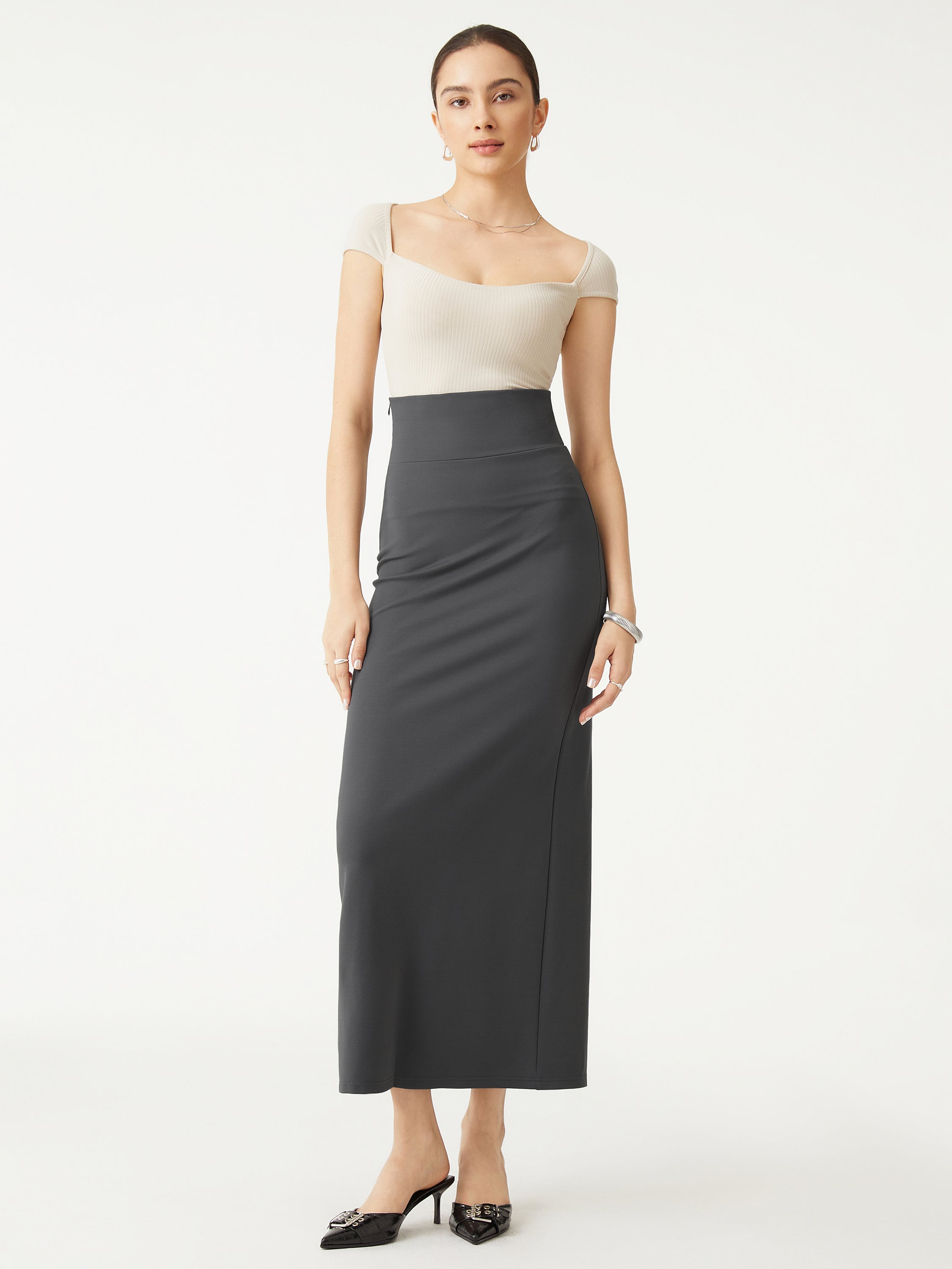 Super High Waist Column Skirt - Grey Steel