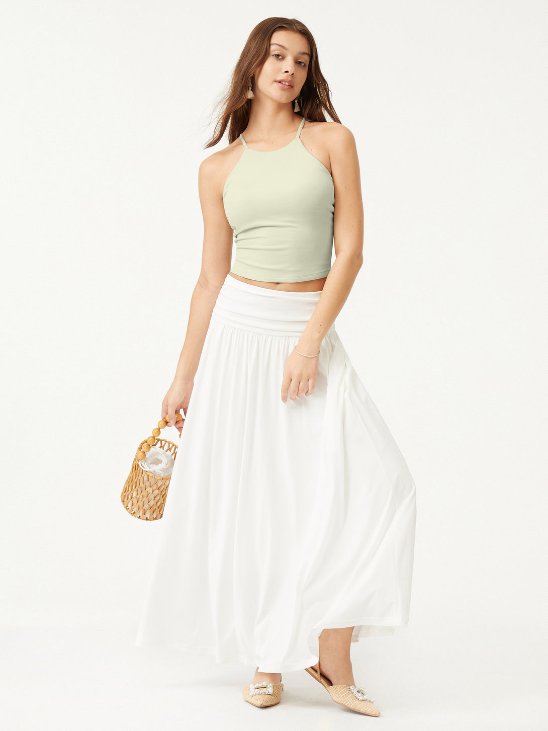 2Pcs Set Tie Back Bandless Brami Crop Top & A-line Midi Skirt with Pockets