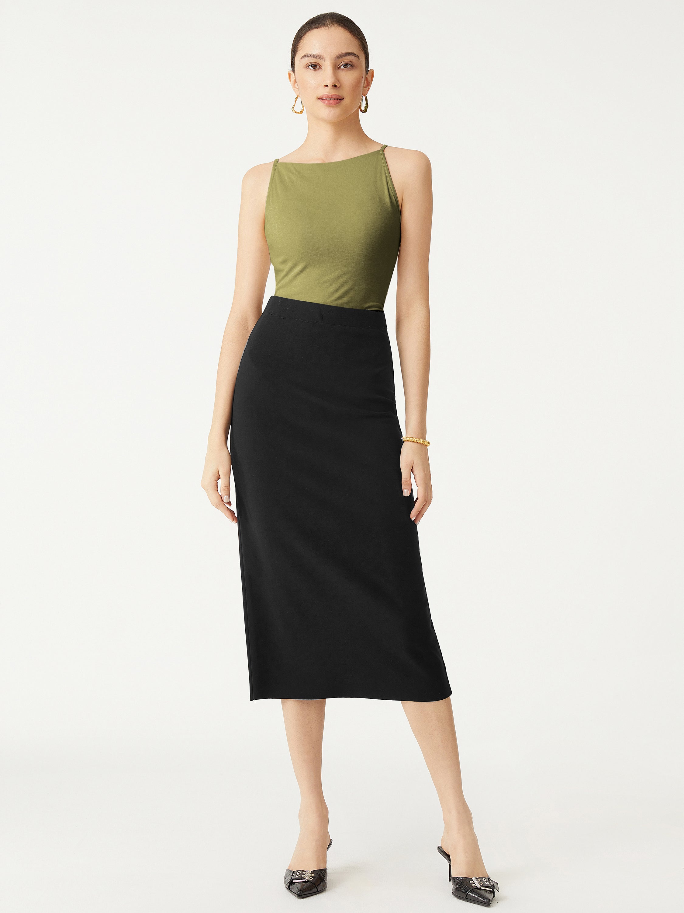 Eco-SkinKiss® Camilla Brami Top & Pull-On Midi Pencil Skirt 2Pcs Set - Morning Mist/Black