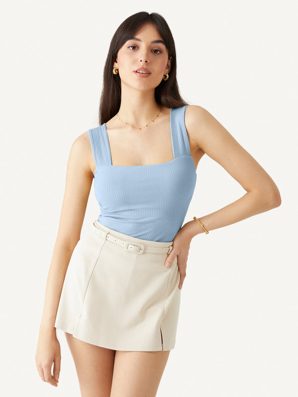 blue square neck ribbed tank top