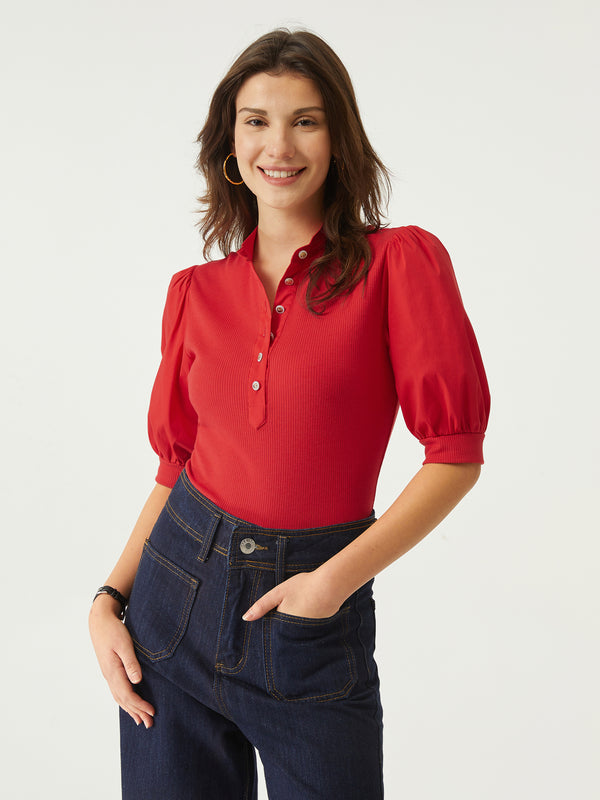 Half Button-Down Puff Sleeve Top