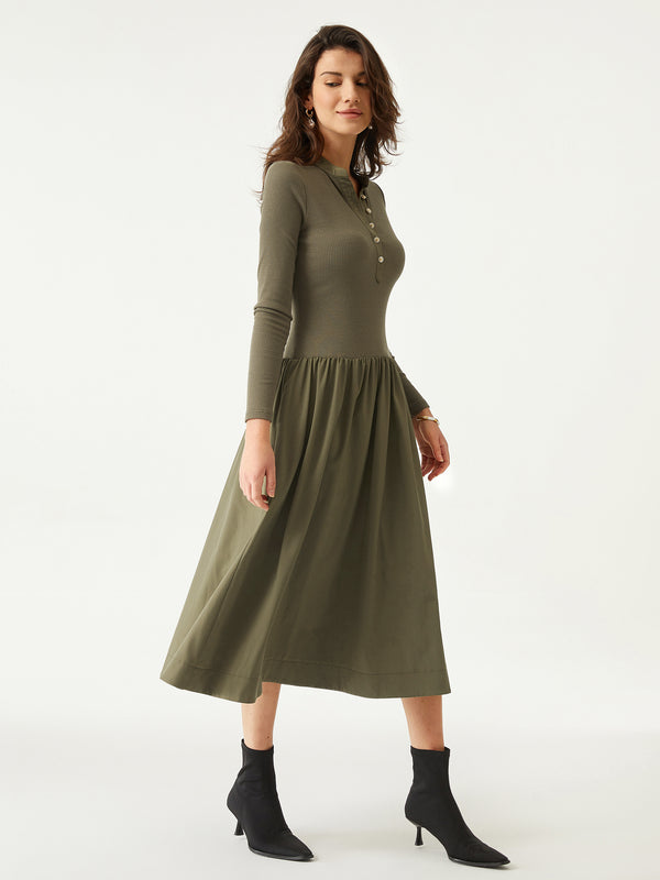 Half Button-Down Midi Dress