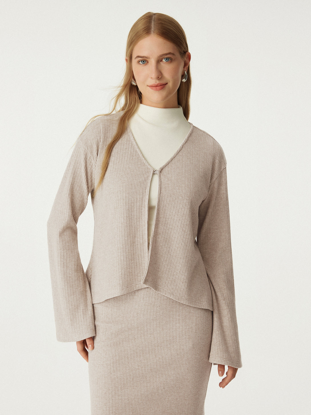 2Pcs Set V Neck Flare Long Sleeve Cardigan & High Waisted Plicated Wide Leg Pant