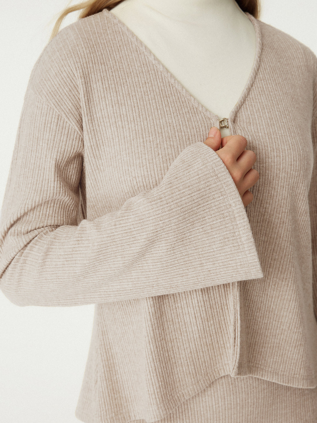 2Pcs Set V Neck Flare Long Sleeve Cardigan & High Waisted Plicated Wide Leg Pant