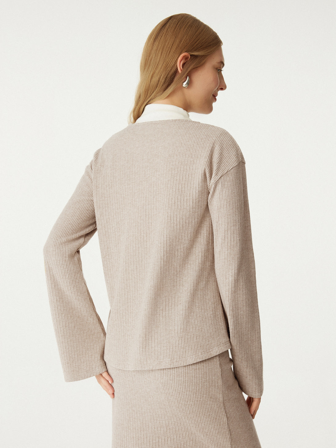 2Pcs Set V Neck Flare Long Sleeve Cardigan & High Waisted Plicated Wide Leg Pant