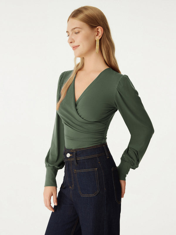 Tencel Surplice Puff Sleeves Top