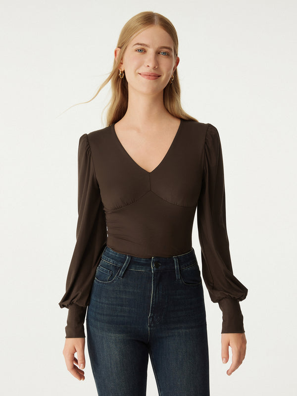 Tencel V-Neck Puff Sleeves Top